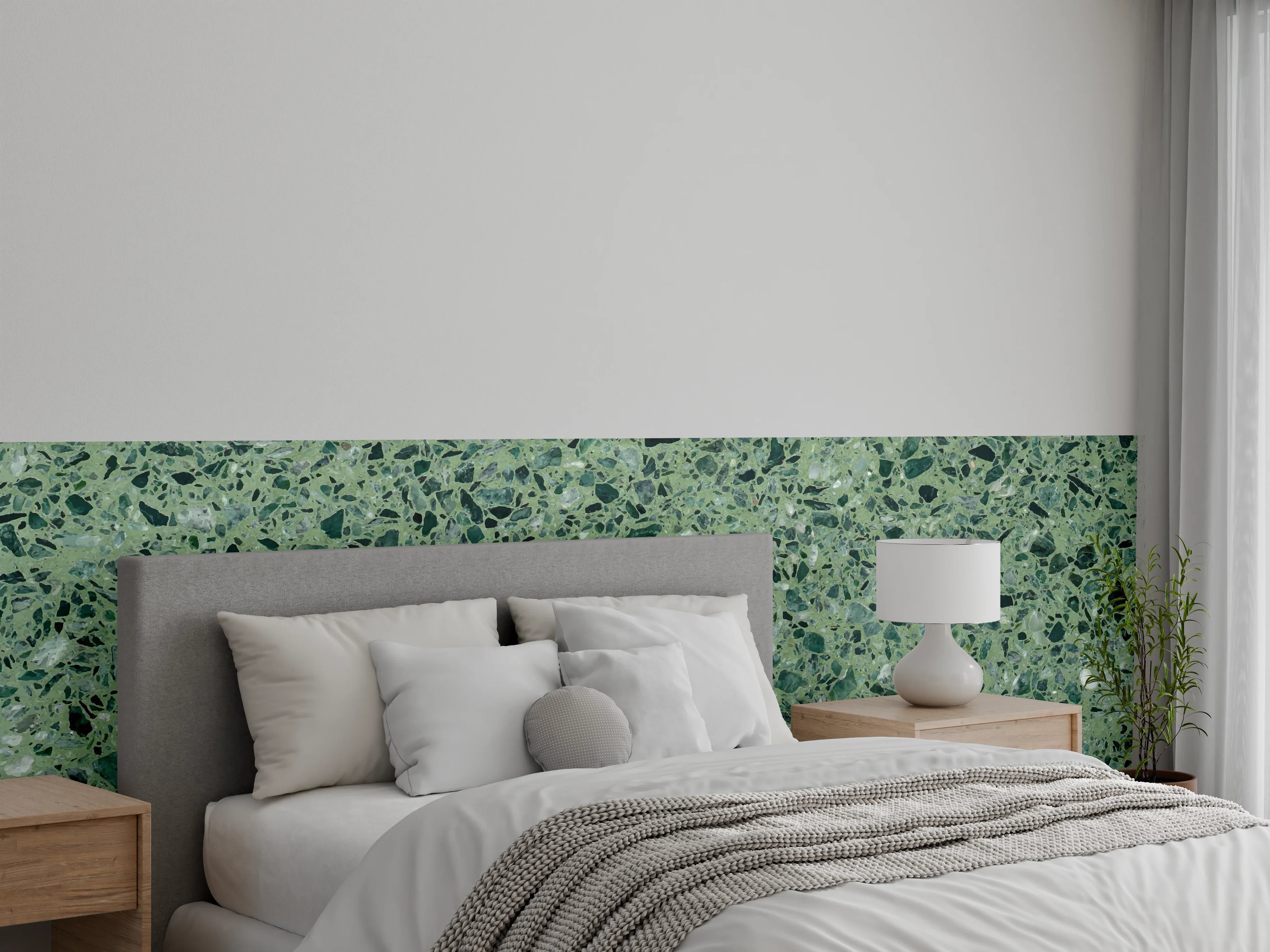 Wandverkleidung Schlafzimmer - Terrazzo Textur auf türkisem Hintergrund