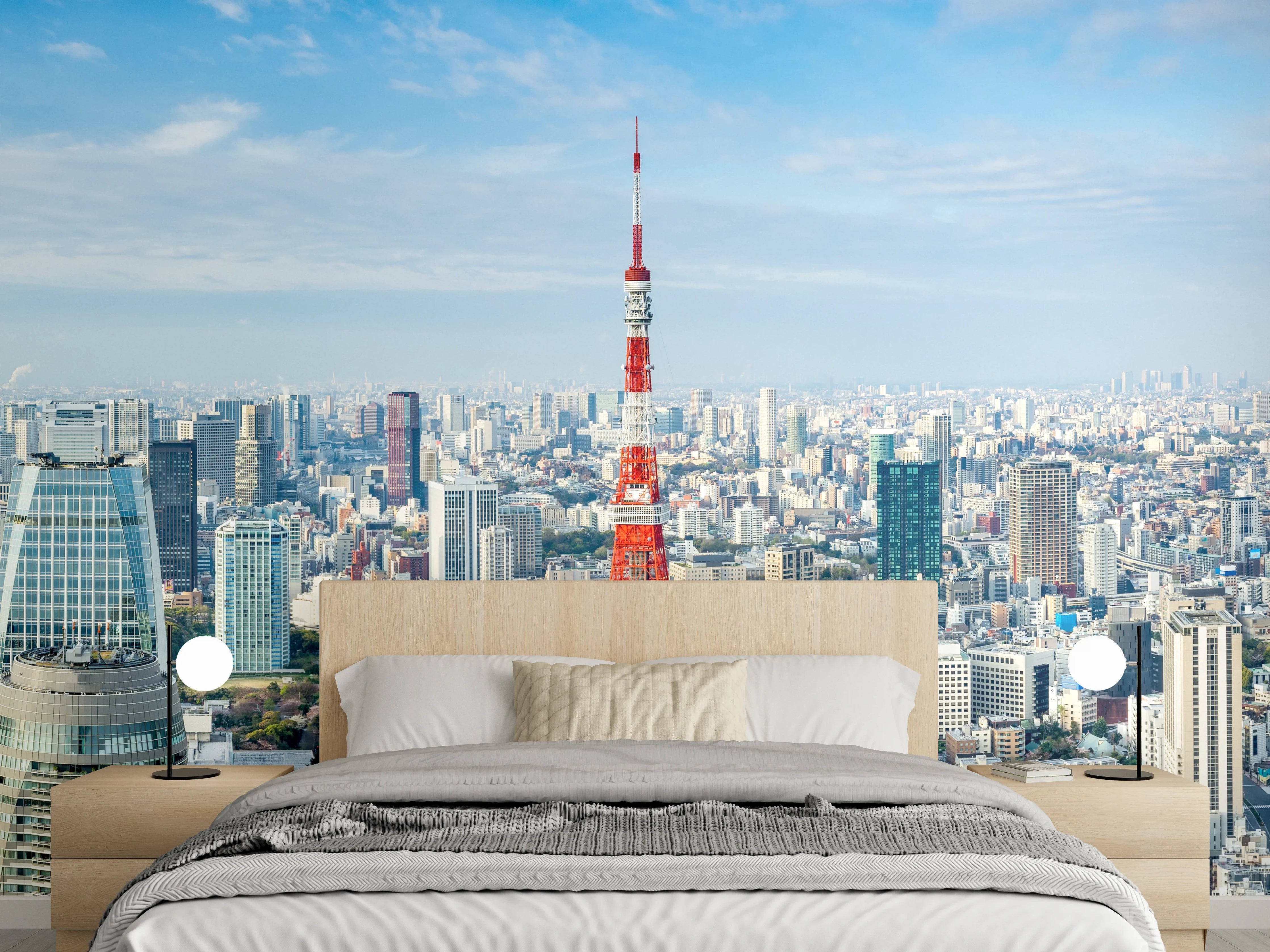 Wandverkleidung Schlafzimmer - Tokio Skyline Rot-Blau