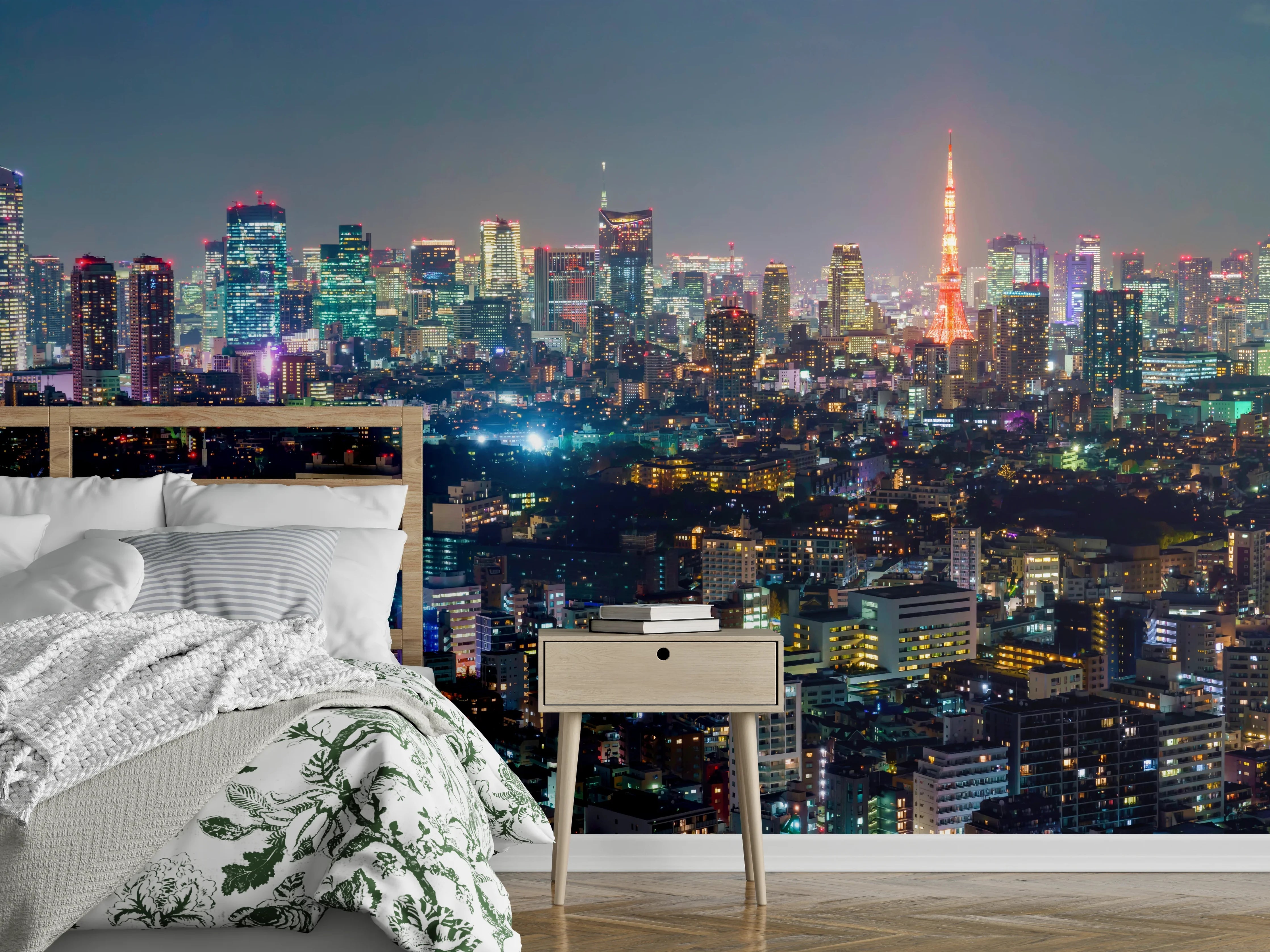 Wandverkleidung Schlafzimmer - Tokio Skyline bei Nacht – Stadtlichter