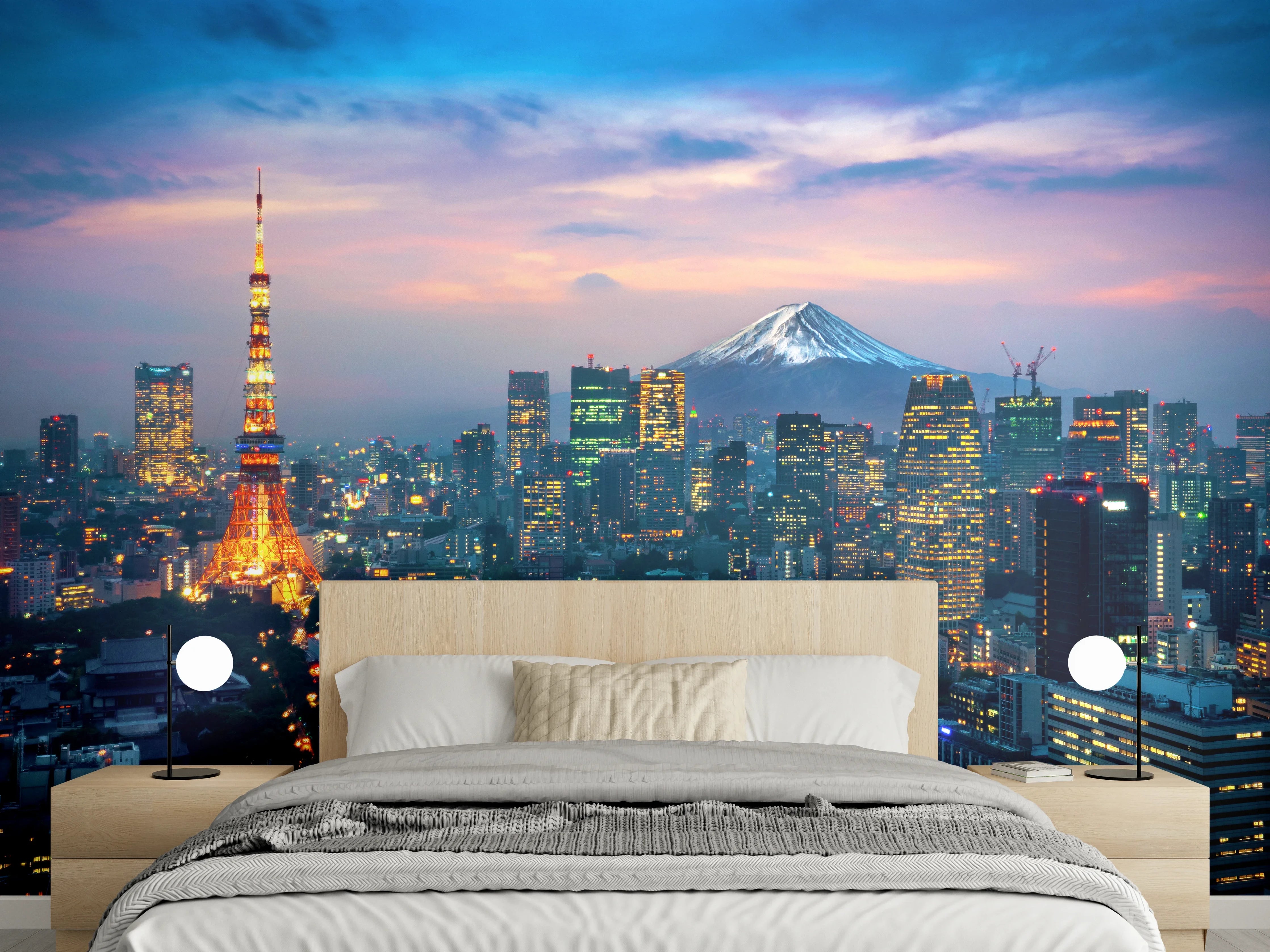 Wandverkleidung Schlafzimmer - Tokio Skyline mit Mt. Fuji bei Dämmerung