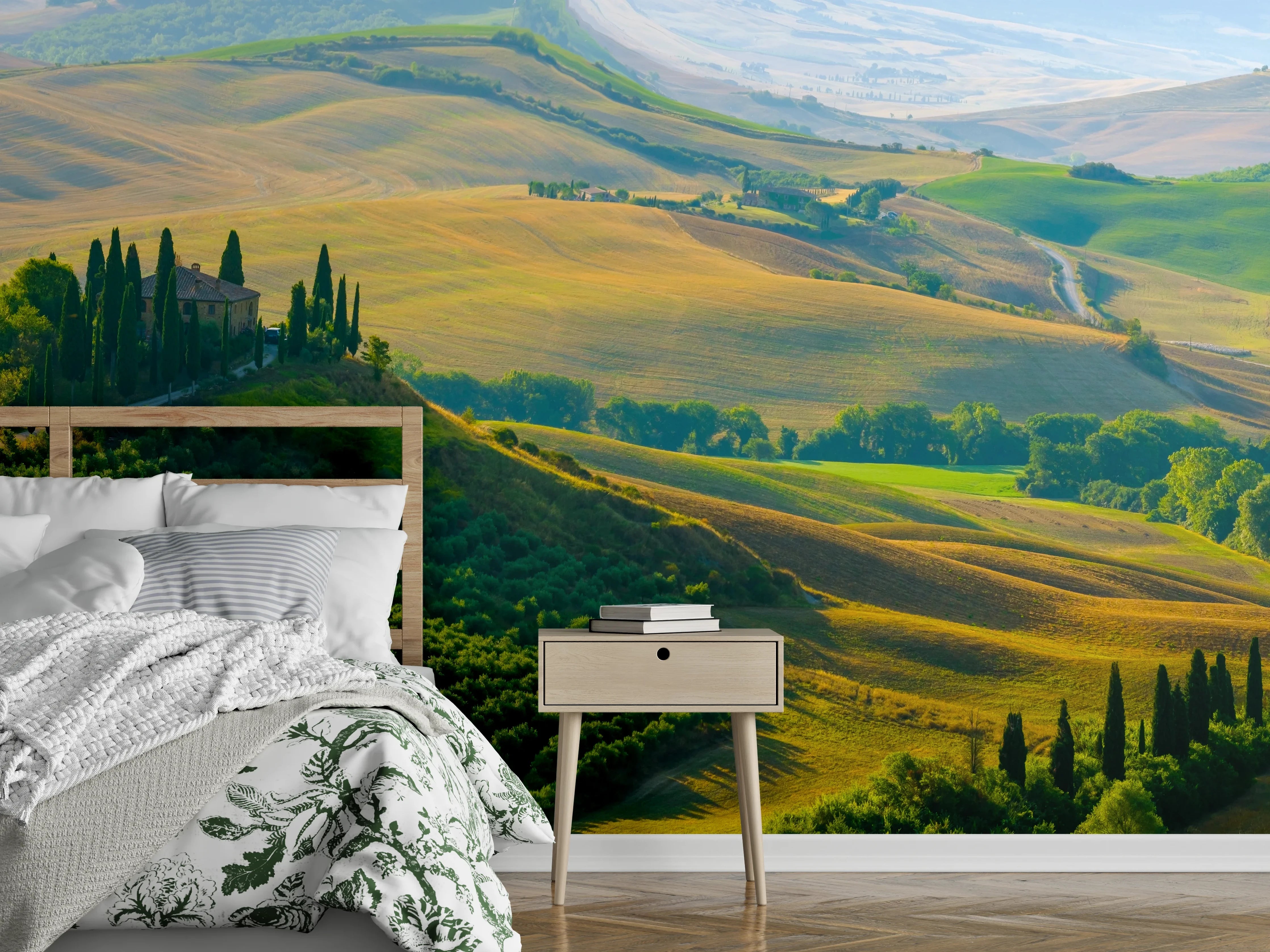 Wandverkleidung Schlafzimmer - Toskana Hügel in Grün