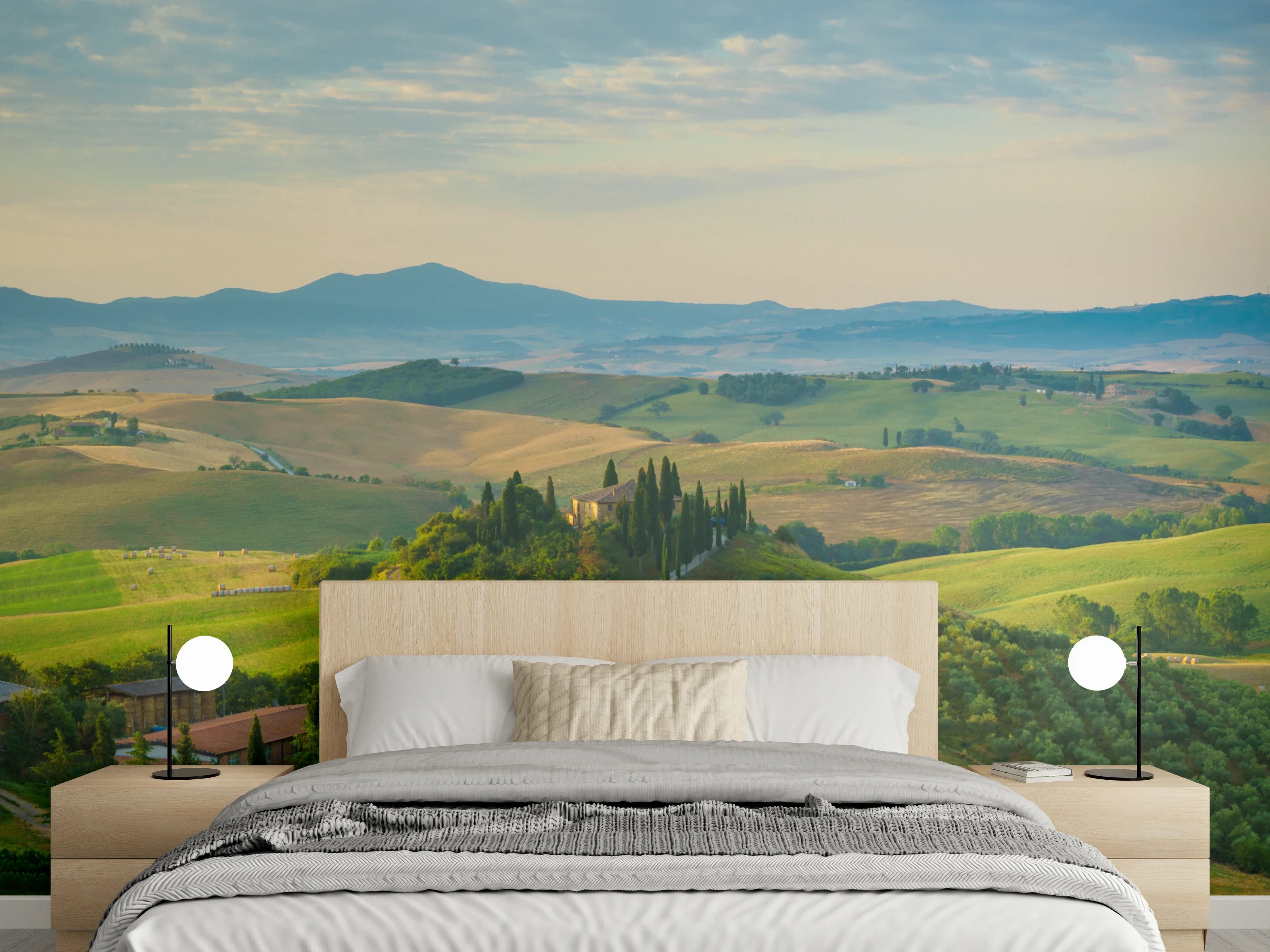 Wandverkleidung Schlafzimmer - Toskana Hügellandschaft Grün-Gold
