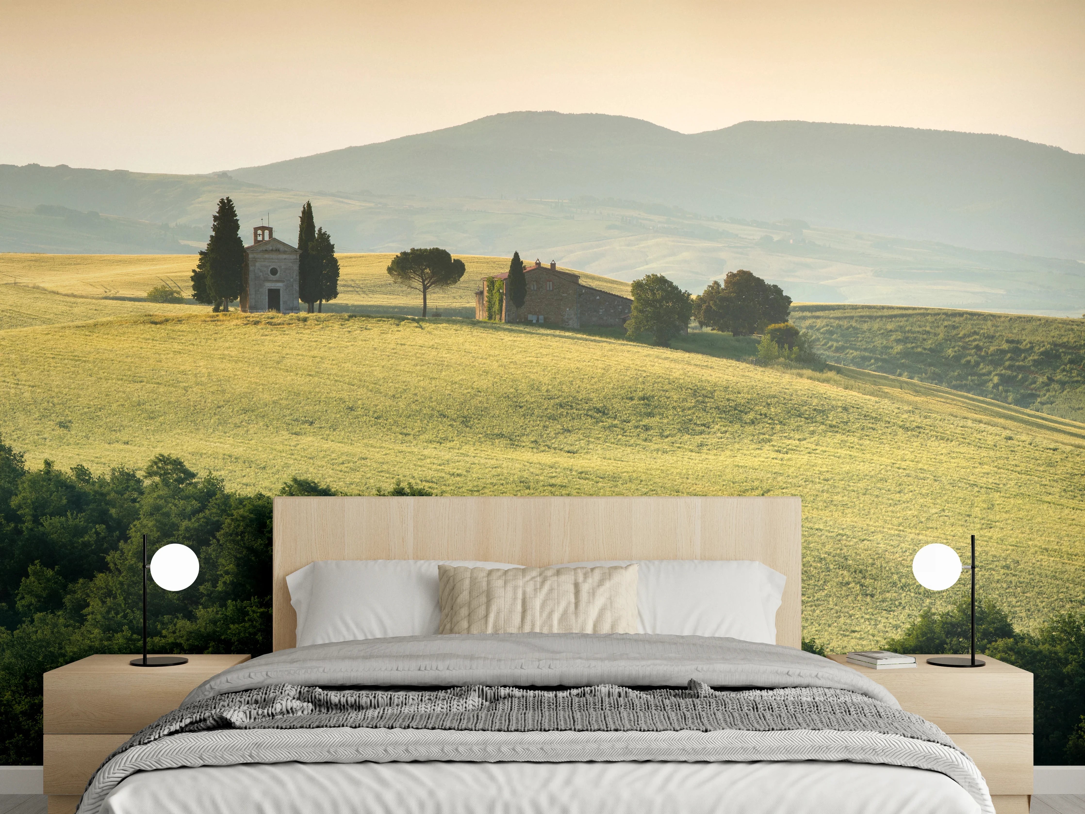 Wandverkleidung Schlafzimmer - Toskanische Hügel in Goldgrün
