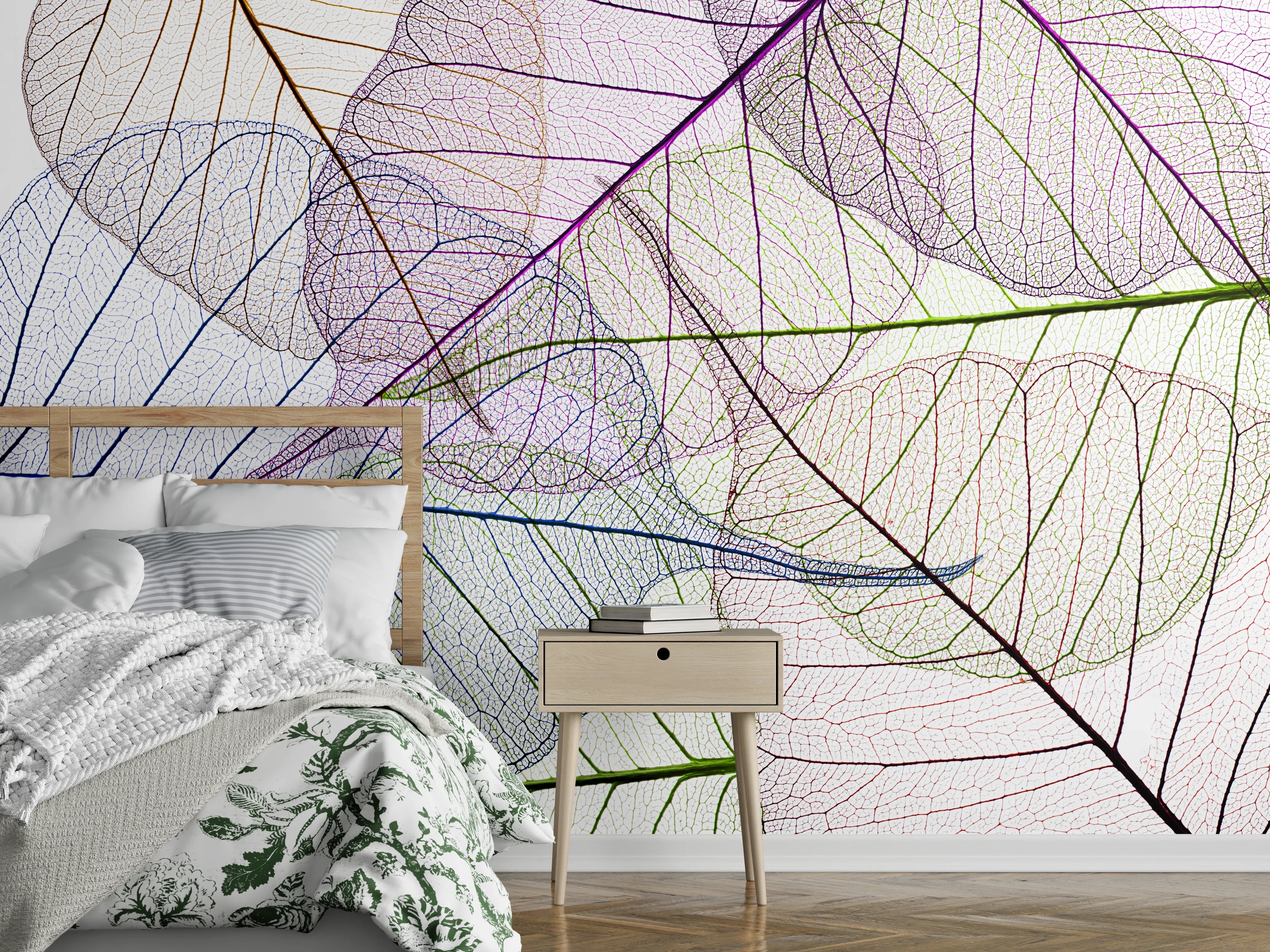 Wandverkleidung Schlafzimmer - Transparente Blätter in Pastellfarben Dekor