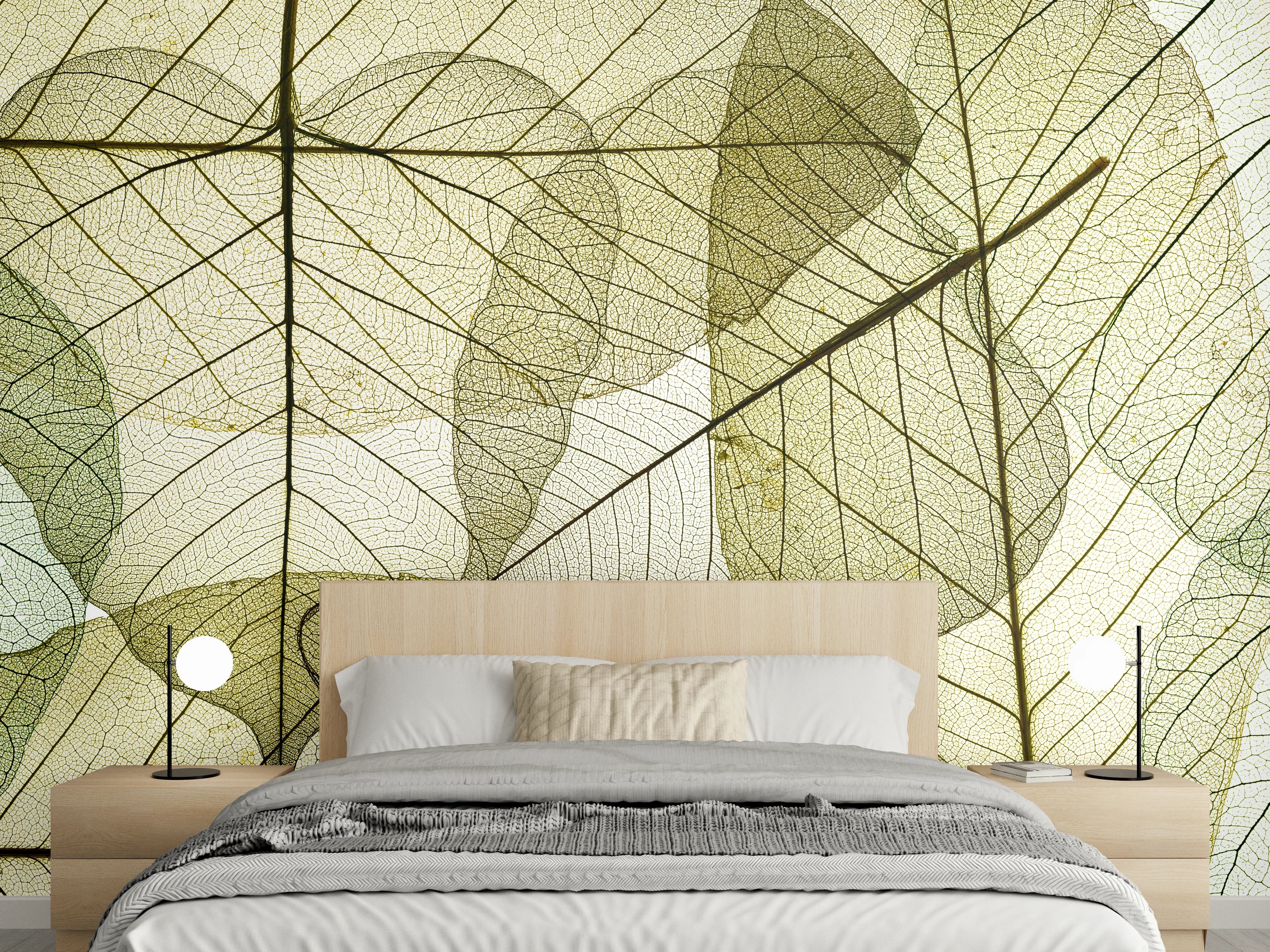 Wandverkleidung Schlafzimmer - Transparente Blätterstruktur in zarten Grüntönen