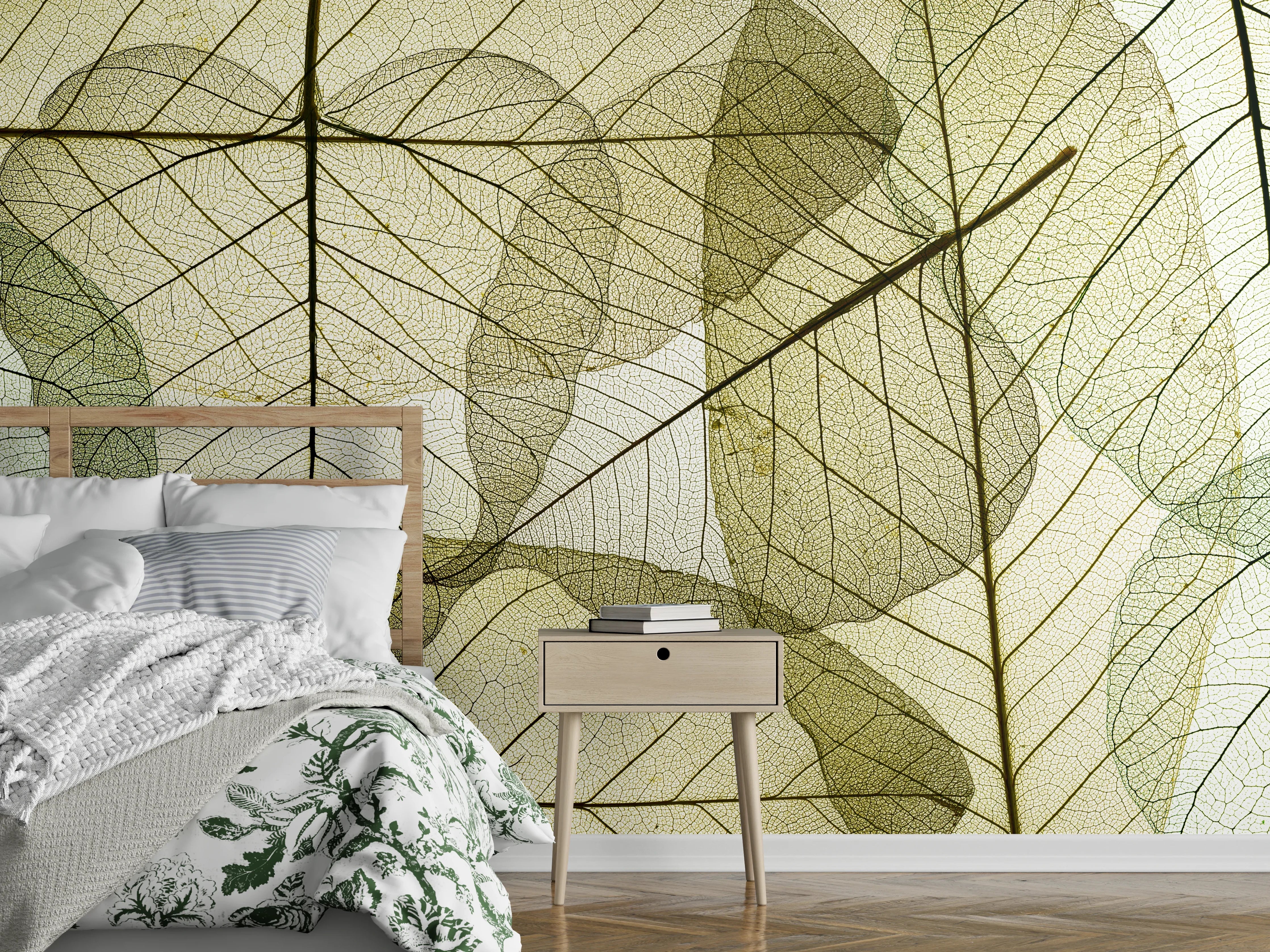 Wandverkleidung Schlafzimmer - Transparente Blätterstruktur in zarten Grüntönen
