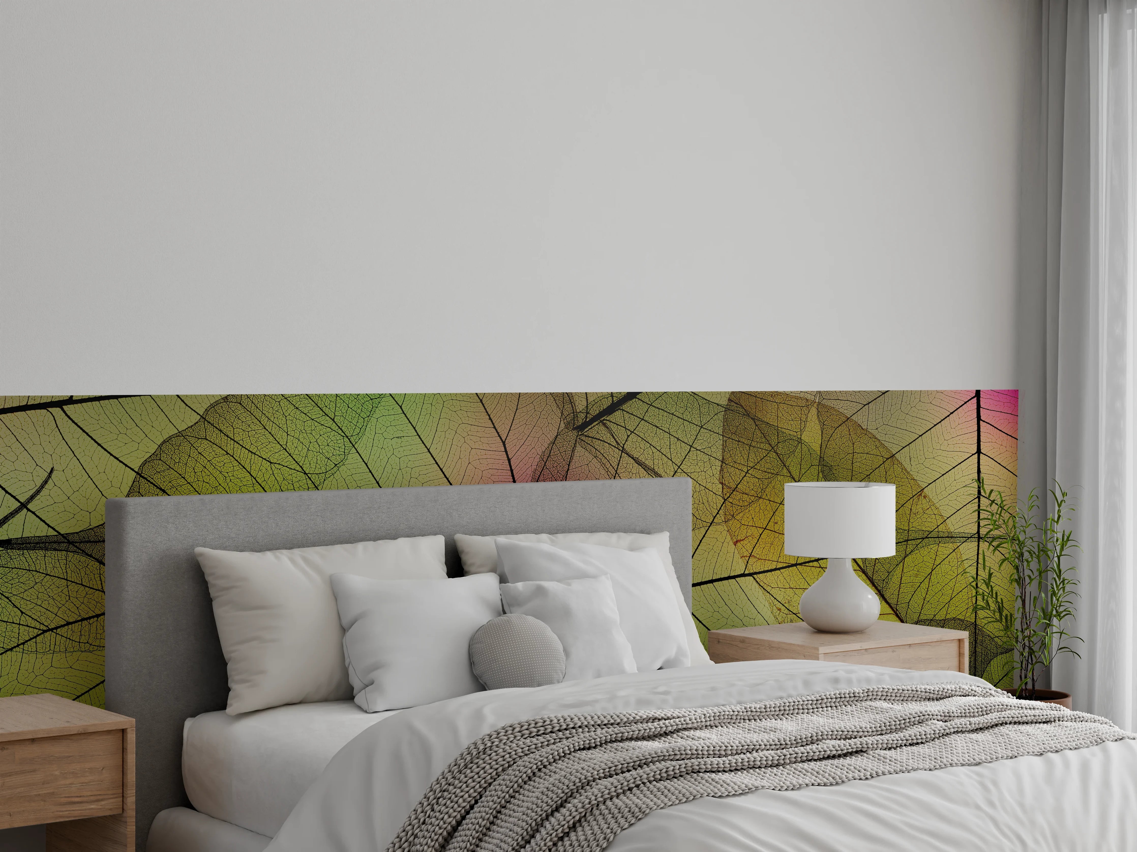 Wandverkleidung Schlafzimmer - Transparente Naturblätter grün, gelb, rosa