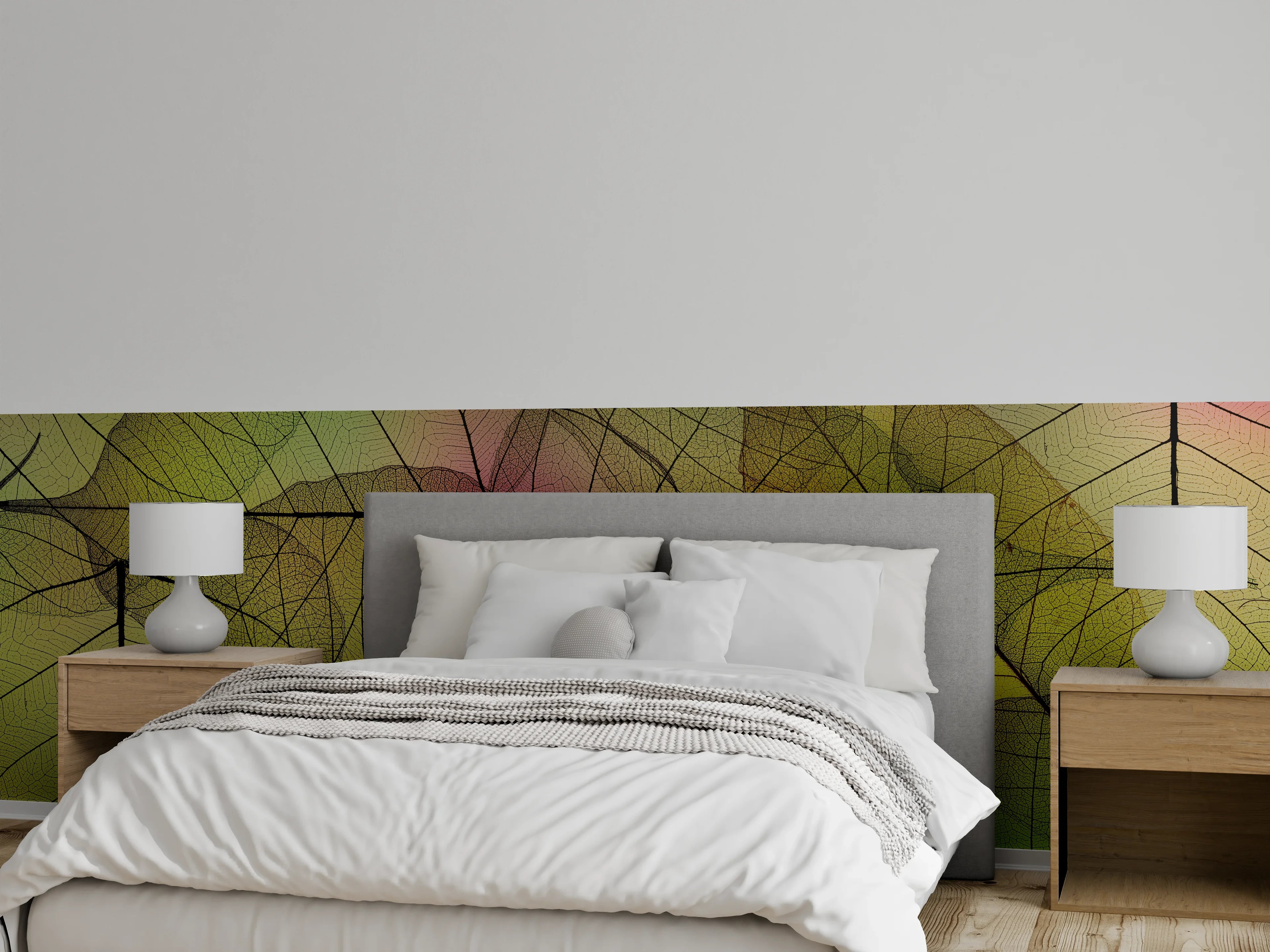 Wandverkleidung Schlafzimmer - Transparente Naturblätter grün, gelb, rosa