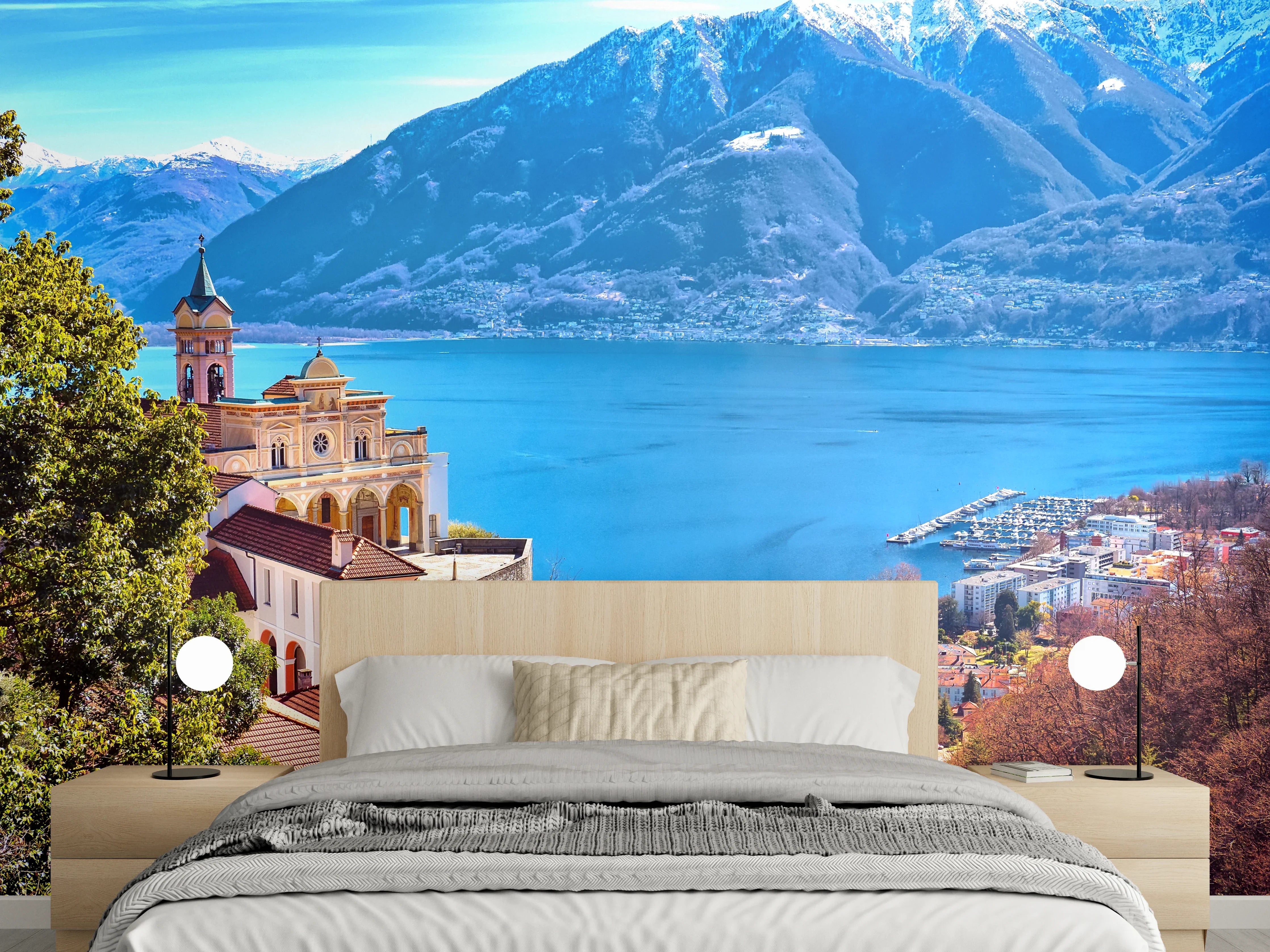 Wandverkleidung Schlafzimmer - Traumhafter Seeblick mit Bergen