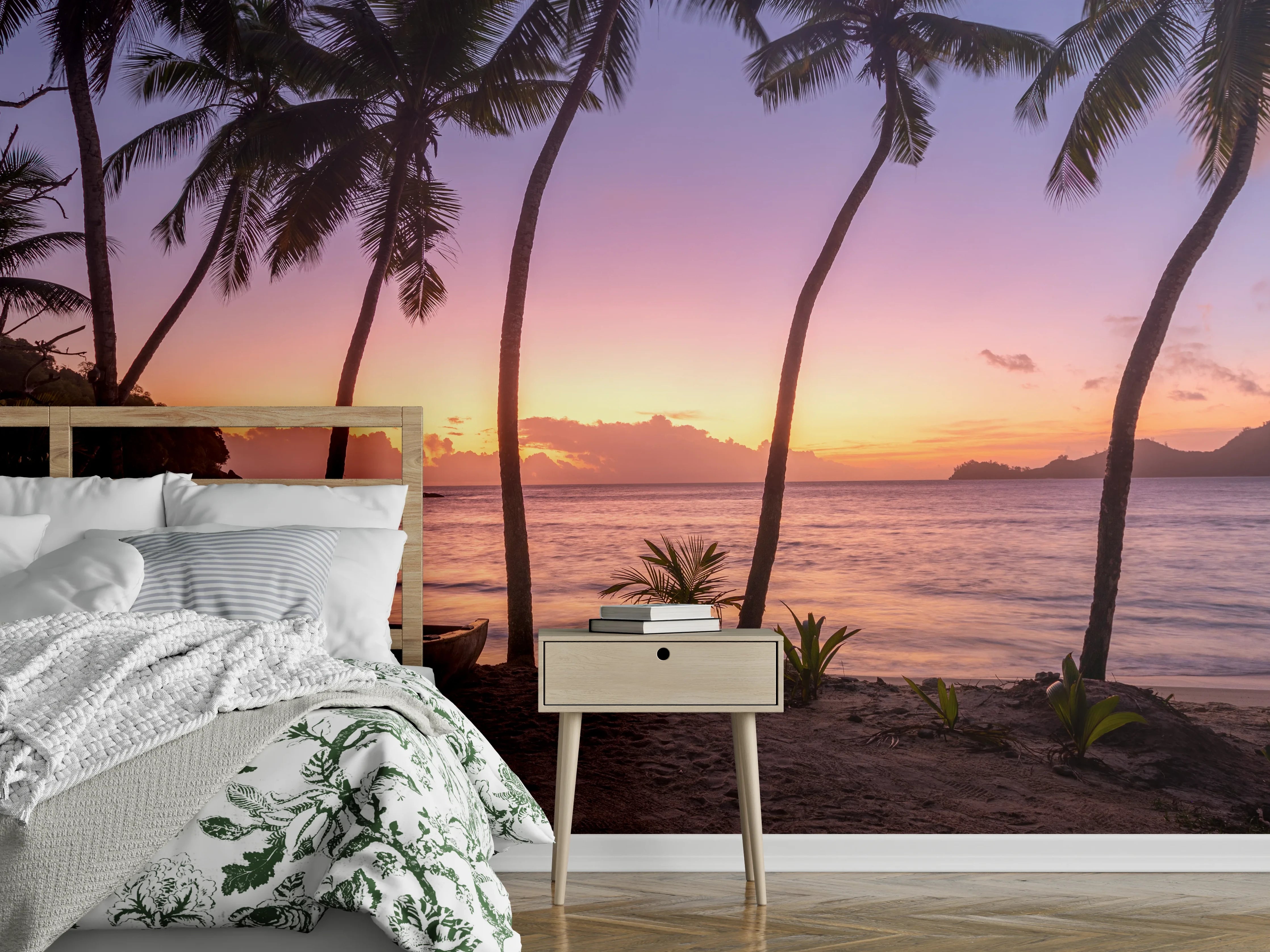 Wandverkleidung Schlafzimmer - Traumhafter Sonnenuntergang am Palmenstrand