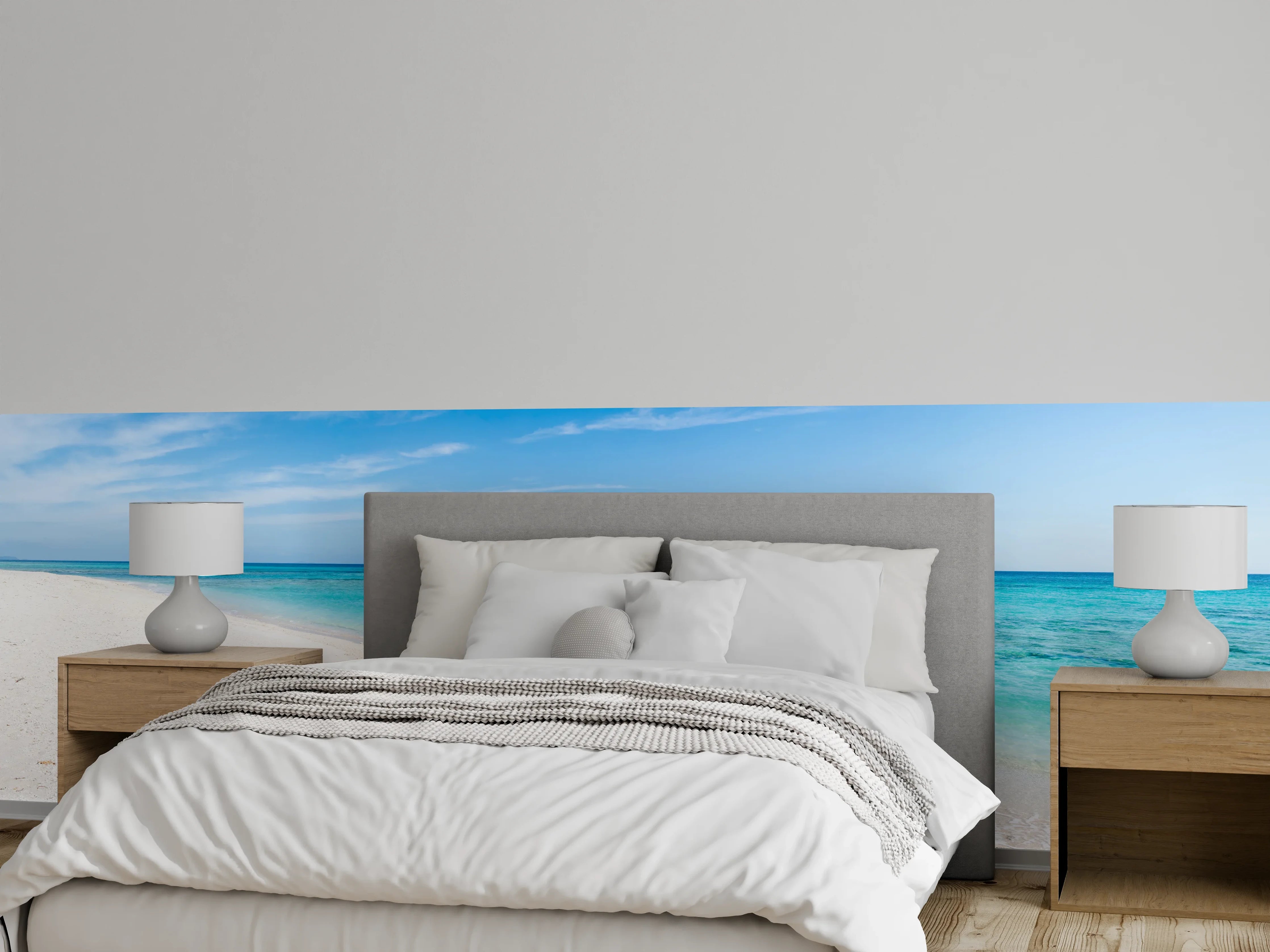 Wandverkleidung Schlafzimmer - Traumhafter Strand – Meerblau & Weiß