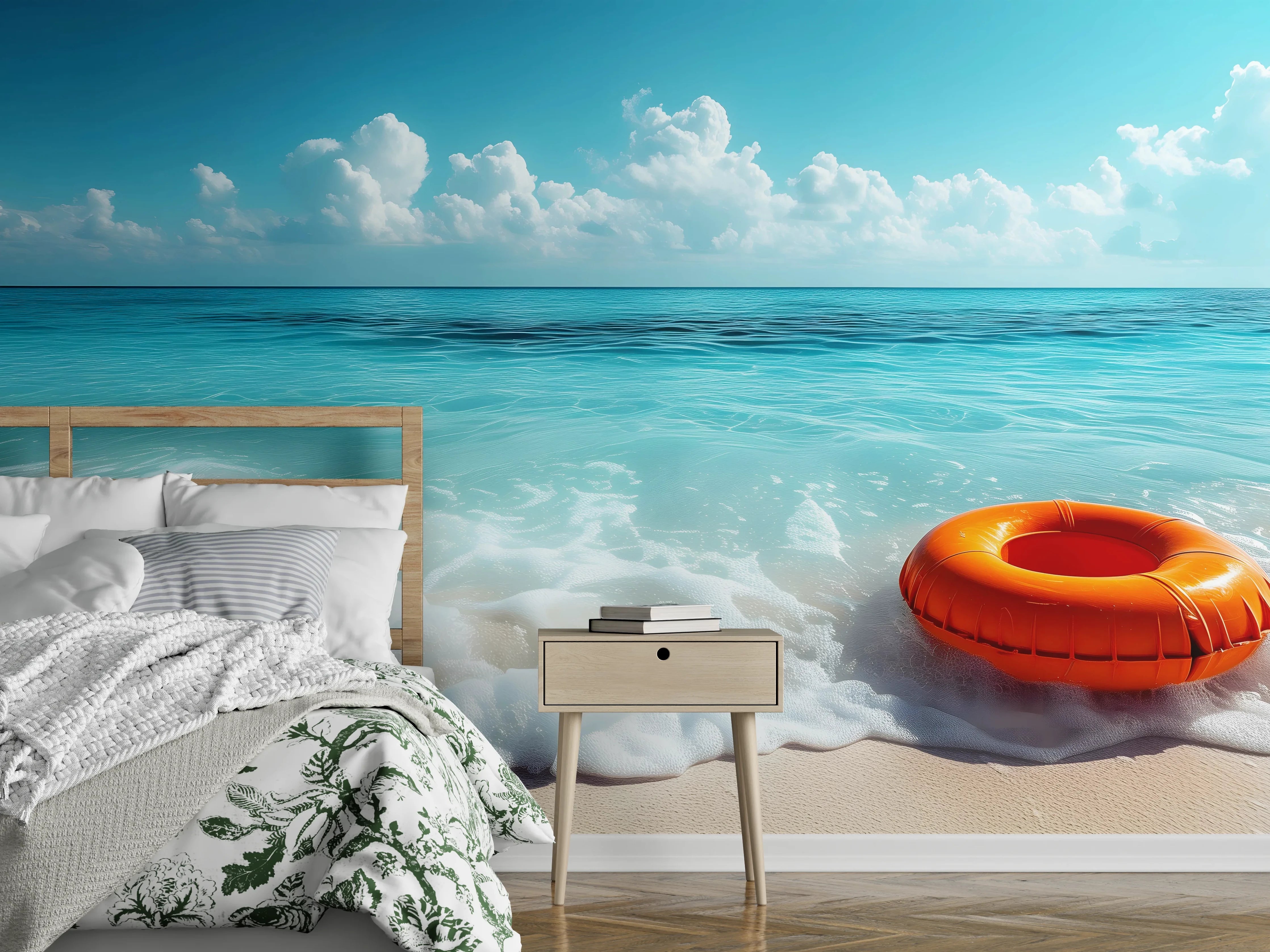 Wandverkleidung Schlafzimmer - Traumhafter Strand mit Badereifen Dekor