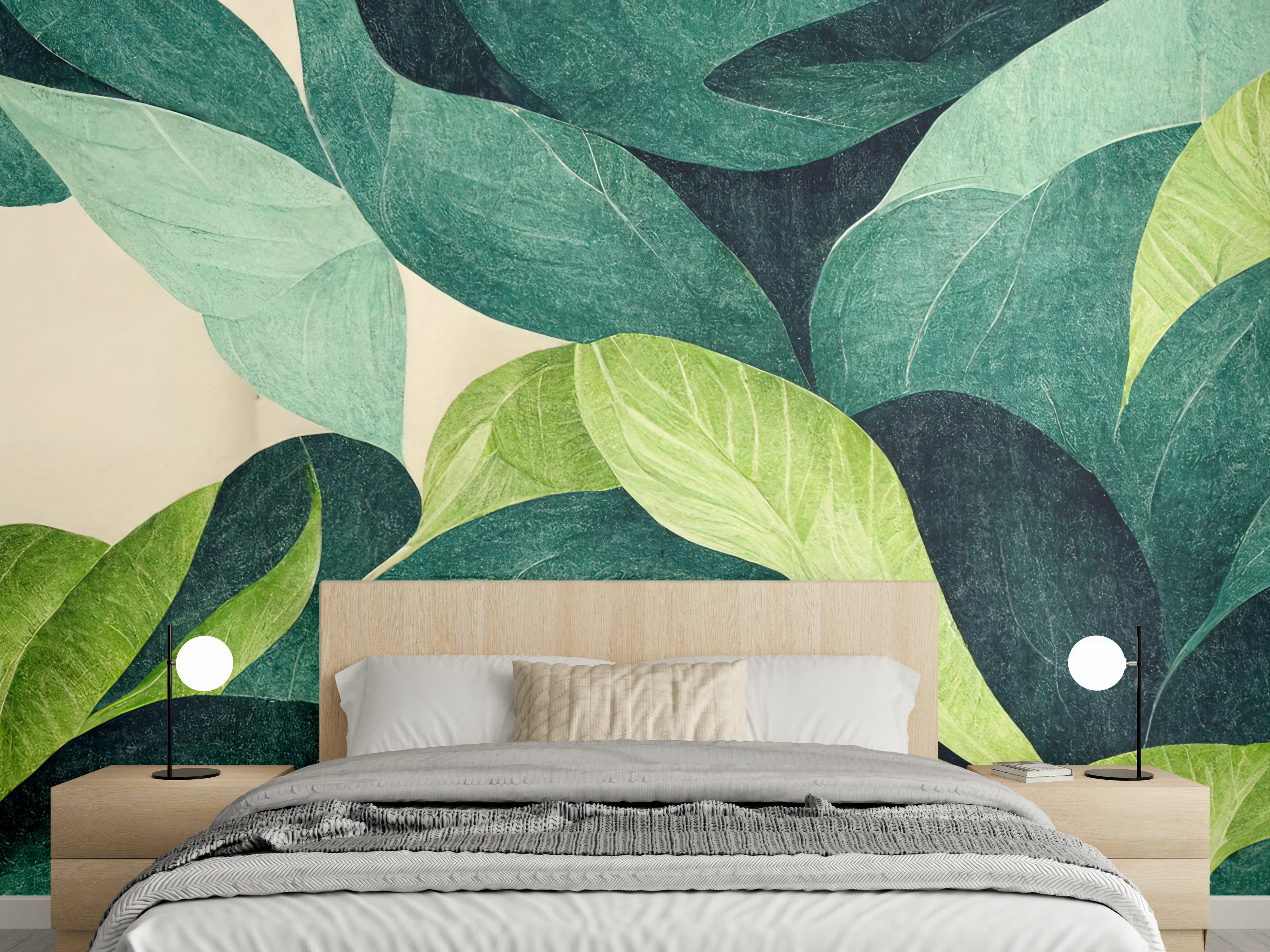 Wandverkleidung Schlafzimmer - Trendige grüne Blätter Wandgestaltung