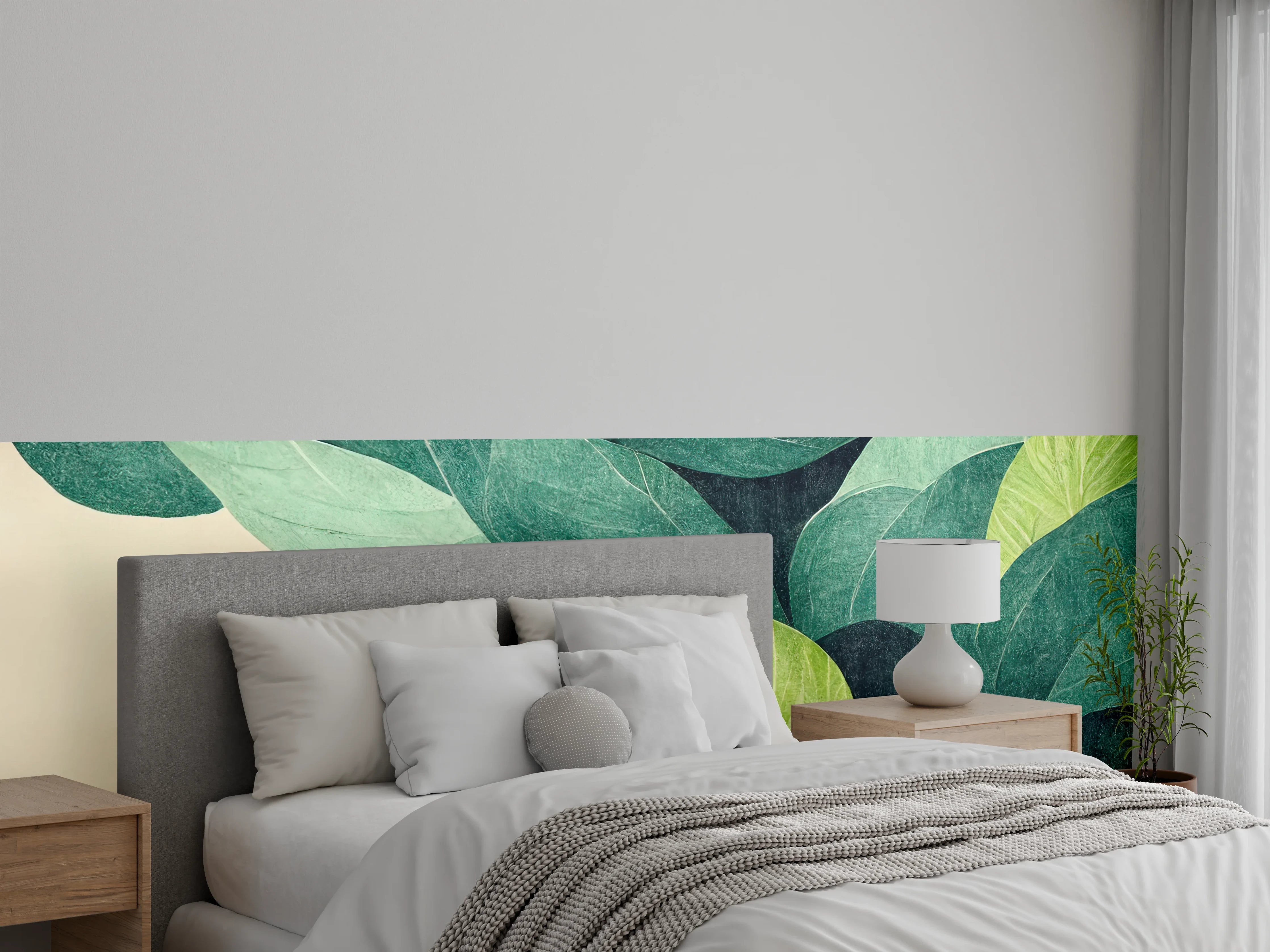 Wandverkleidung Schlafzimmer - Trendige grüne Blätter Wandgestaltung