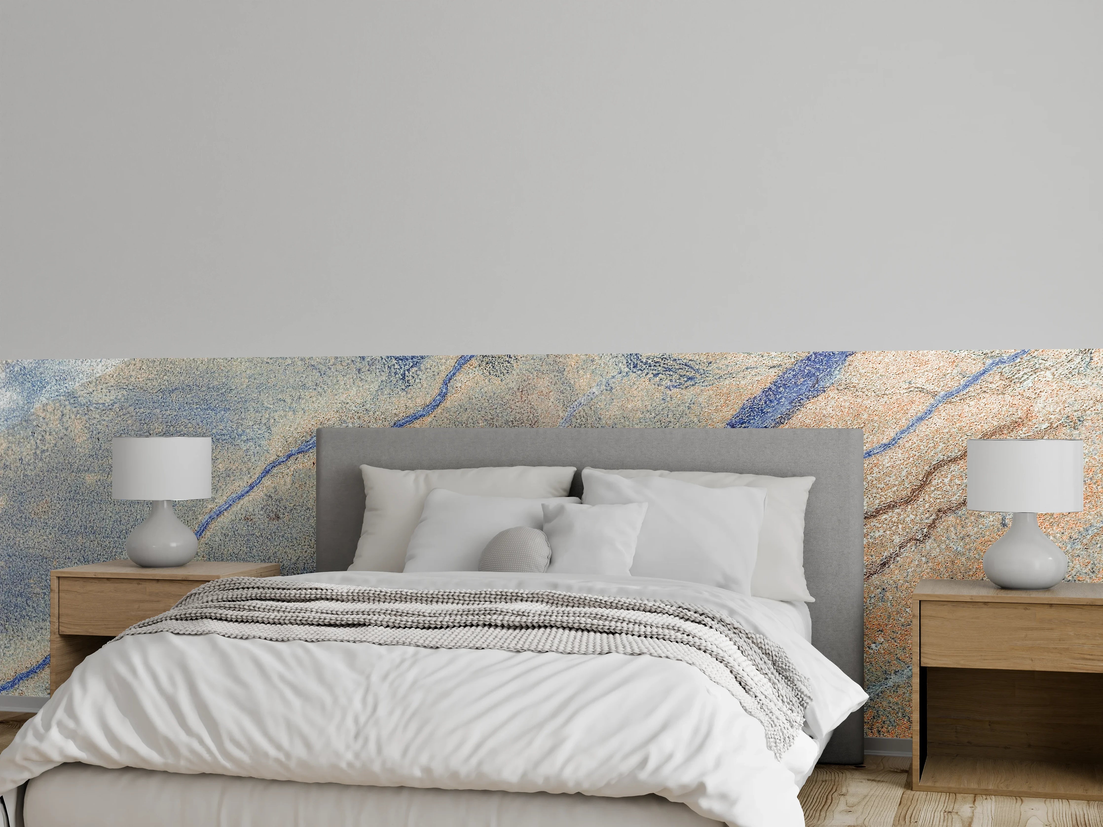 Wandverkleidung Schlafzimmer - Trendiges Gesteinsmuster in Beige-Blau-Optik