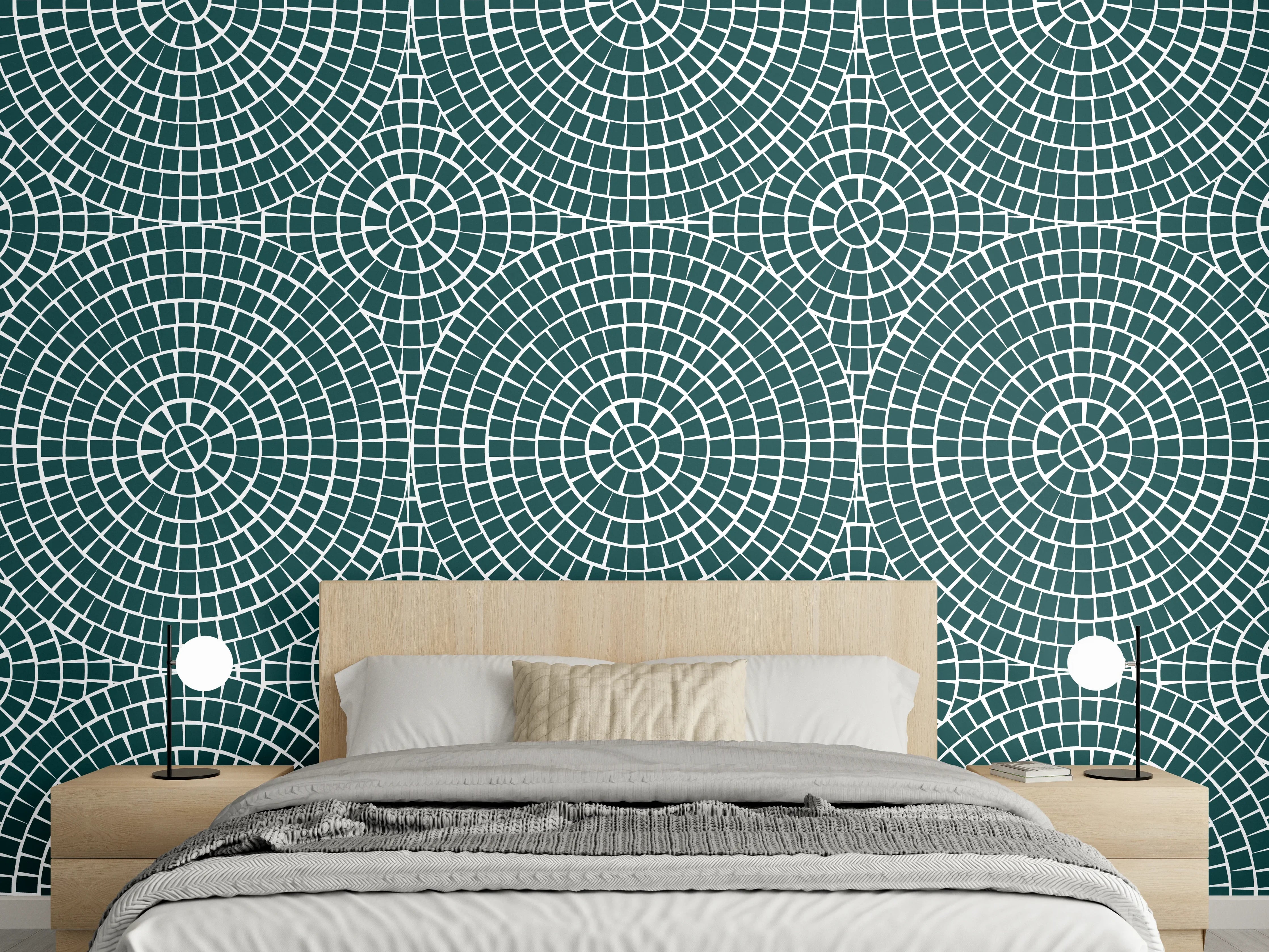 Wandverkleidung Schlafzimmer - Trendiges Kreismuster in Türkis-Optik
