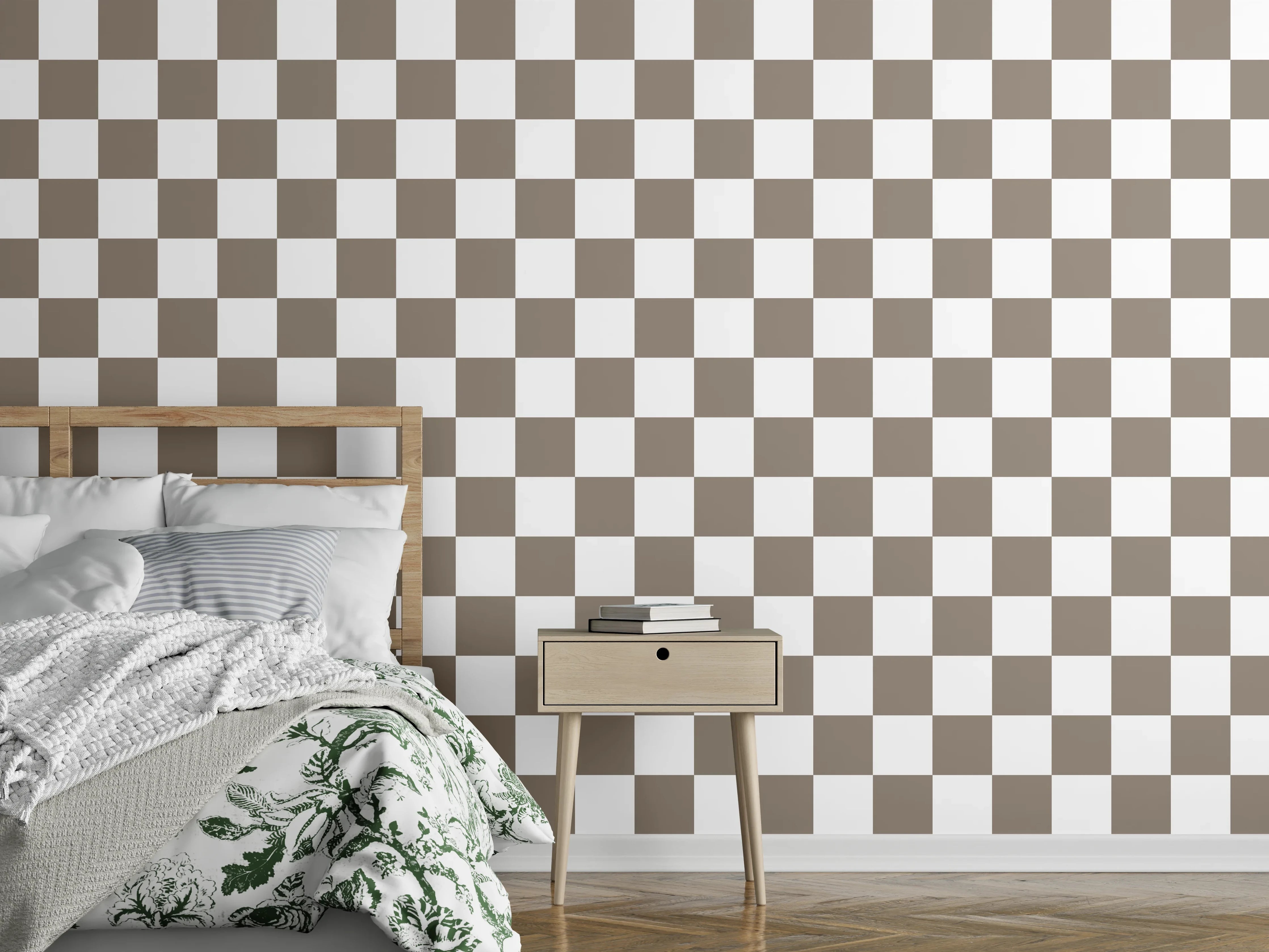 Wandverkleidung Schlafzimmer - Trendiges Schachbrettmuster Braun-Weiß