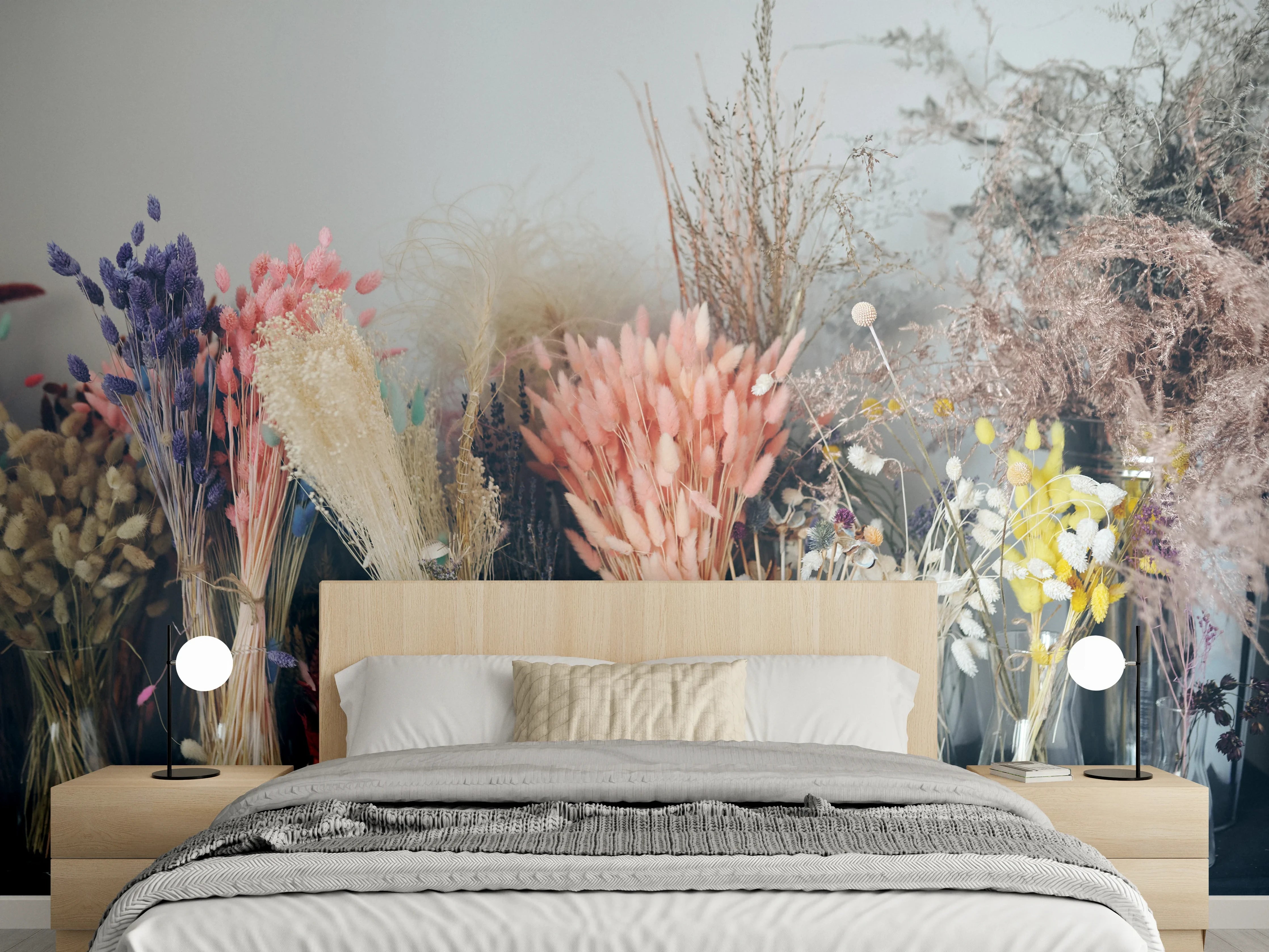 Wandverkleidung Schlafzimmer - Trockenblumen Bouquets in Vasen