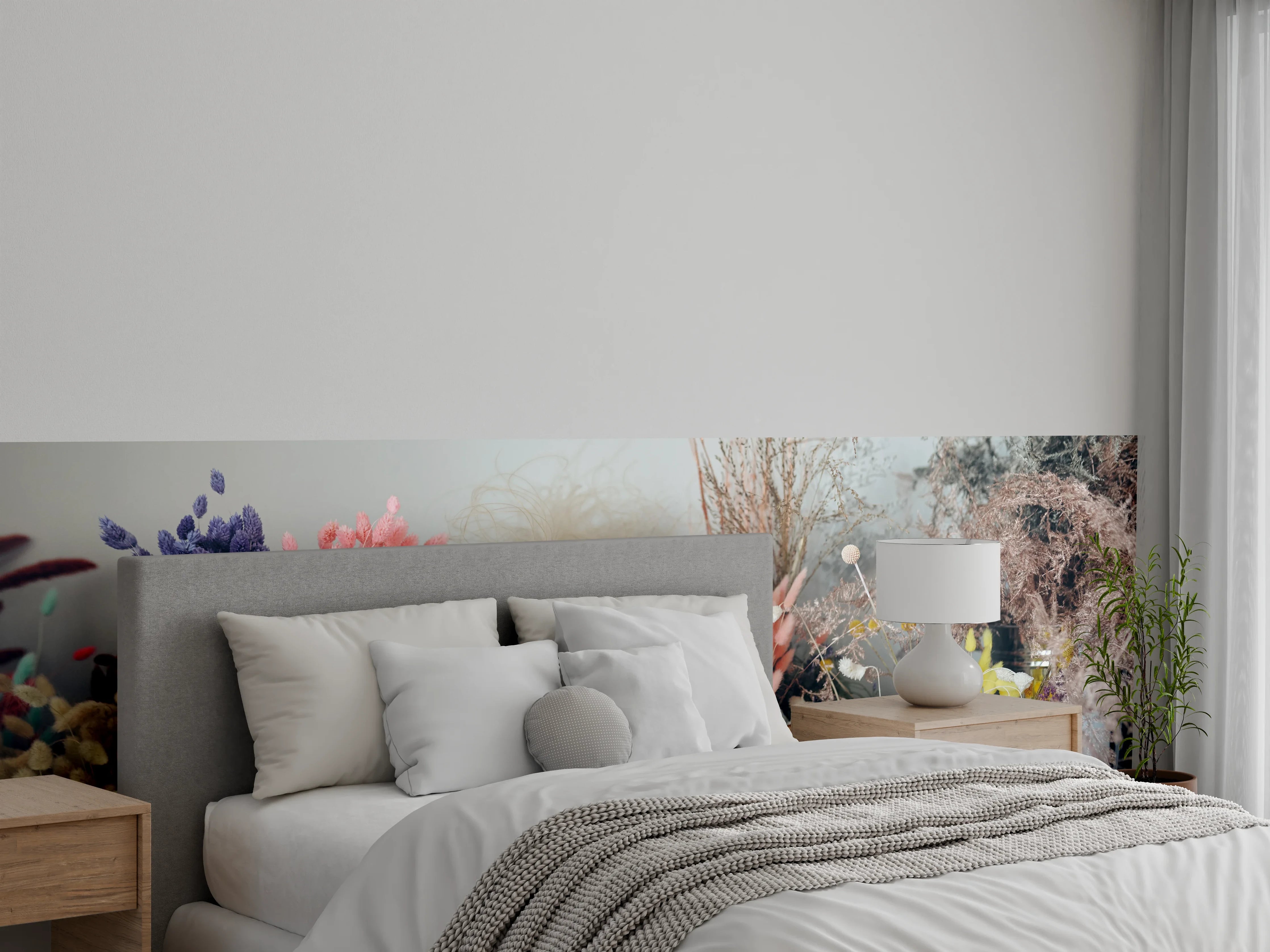Wandverkleidung Schlafzimmer - Trockenblumen Bouquets in Vasen