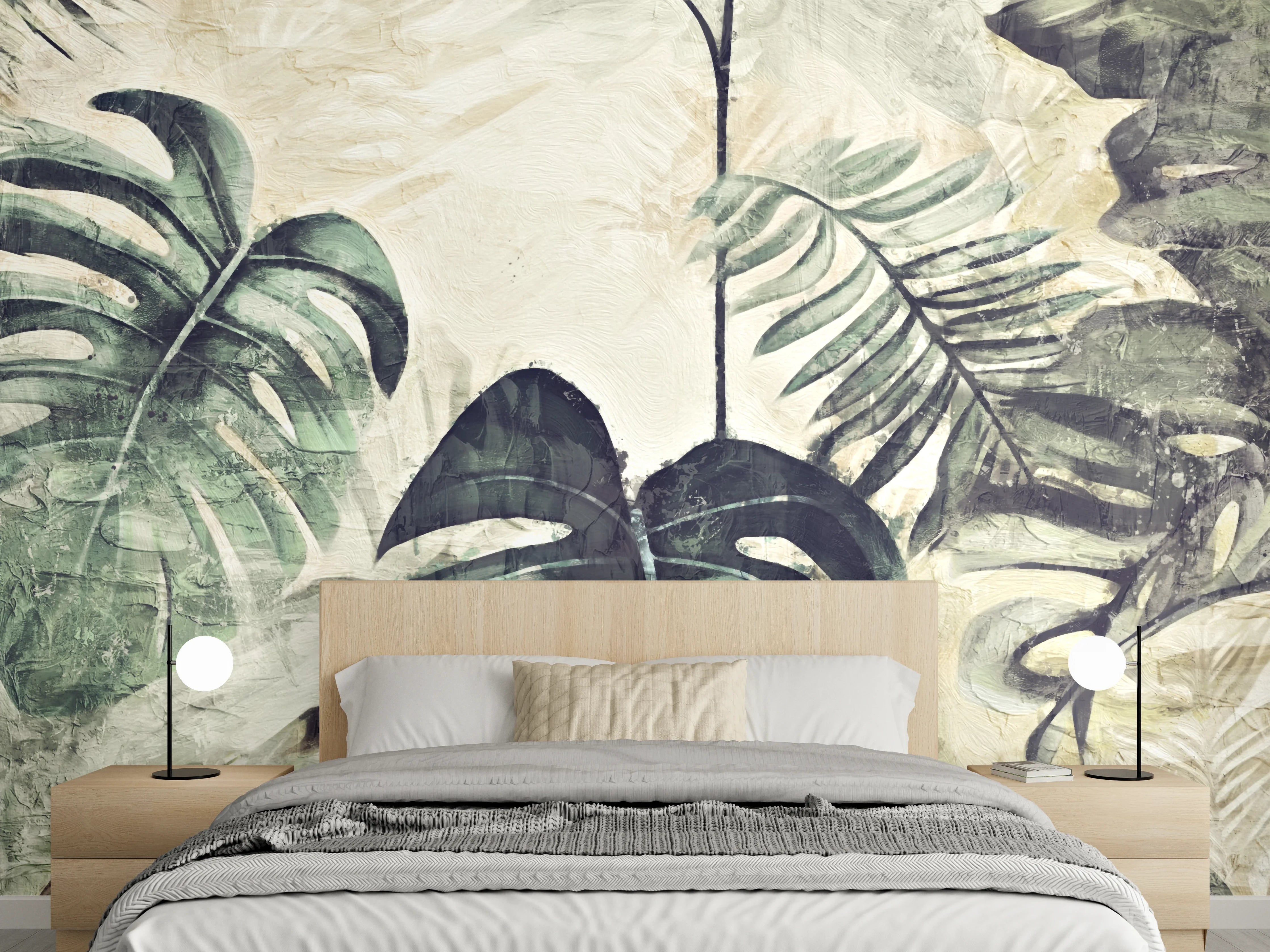 Wandverkleidung Schlafzimmer - Tropische Blätter Aquarell Naturgrün
