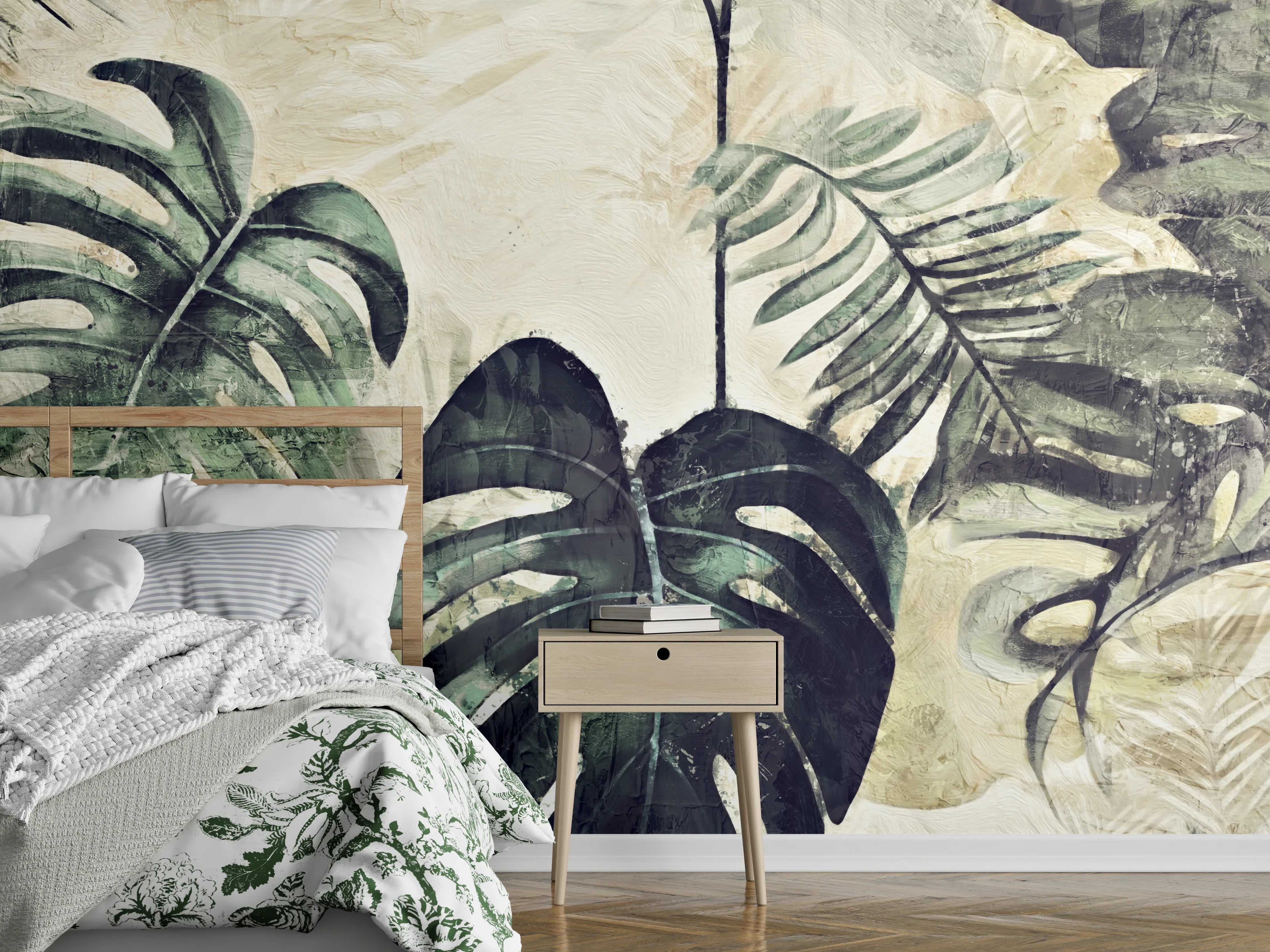 Wandverkleidung Schlafzimmer - Tropische Blätter Aquarell Naturgrün