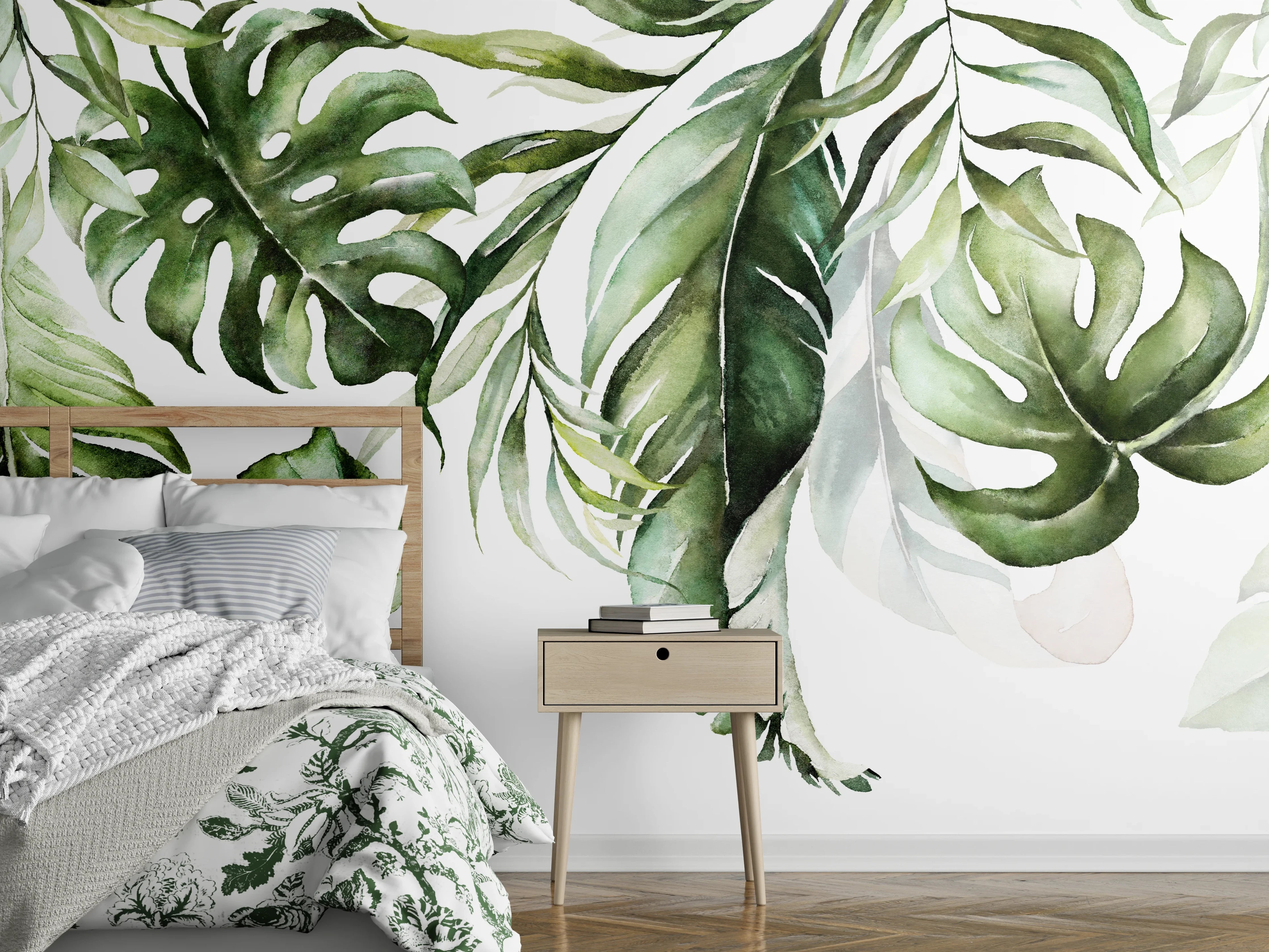 Wandverkleidung Schlafzimmer - Tropische Blätter Aquarell Wanddekor