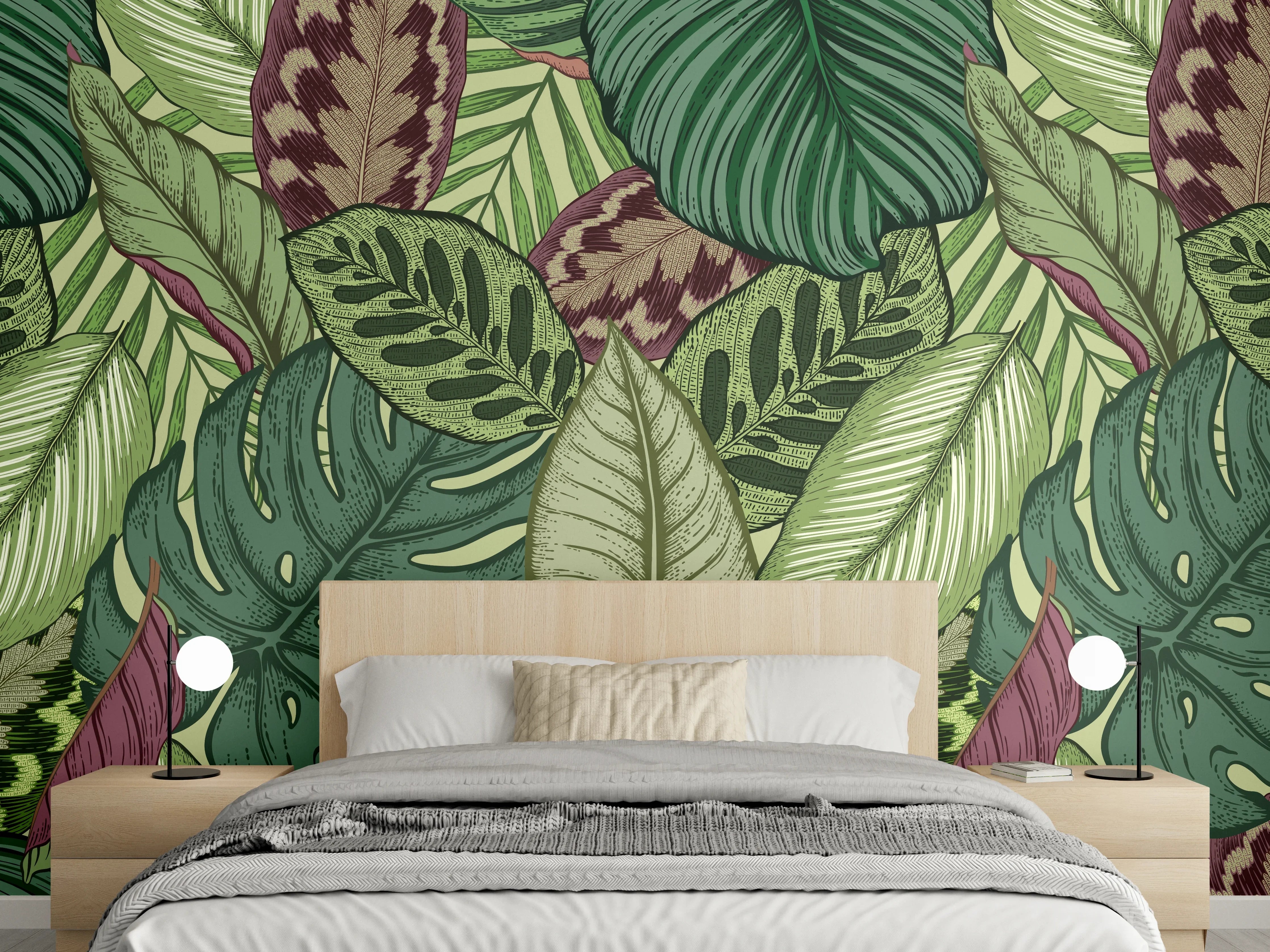 Wandverkleidung Schlafzimmer - Tropische Blätter Grün-Beige