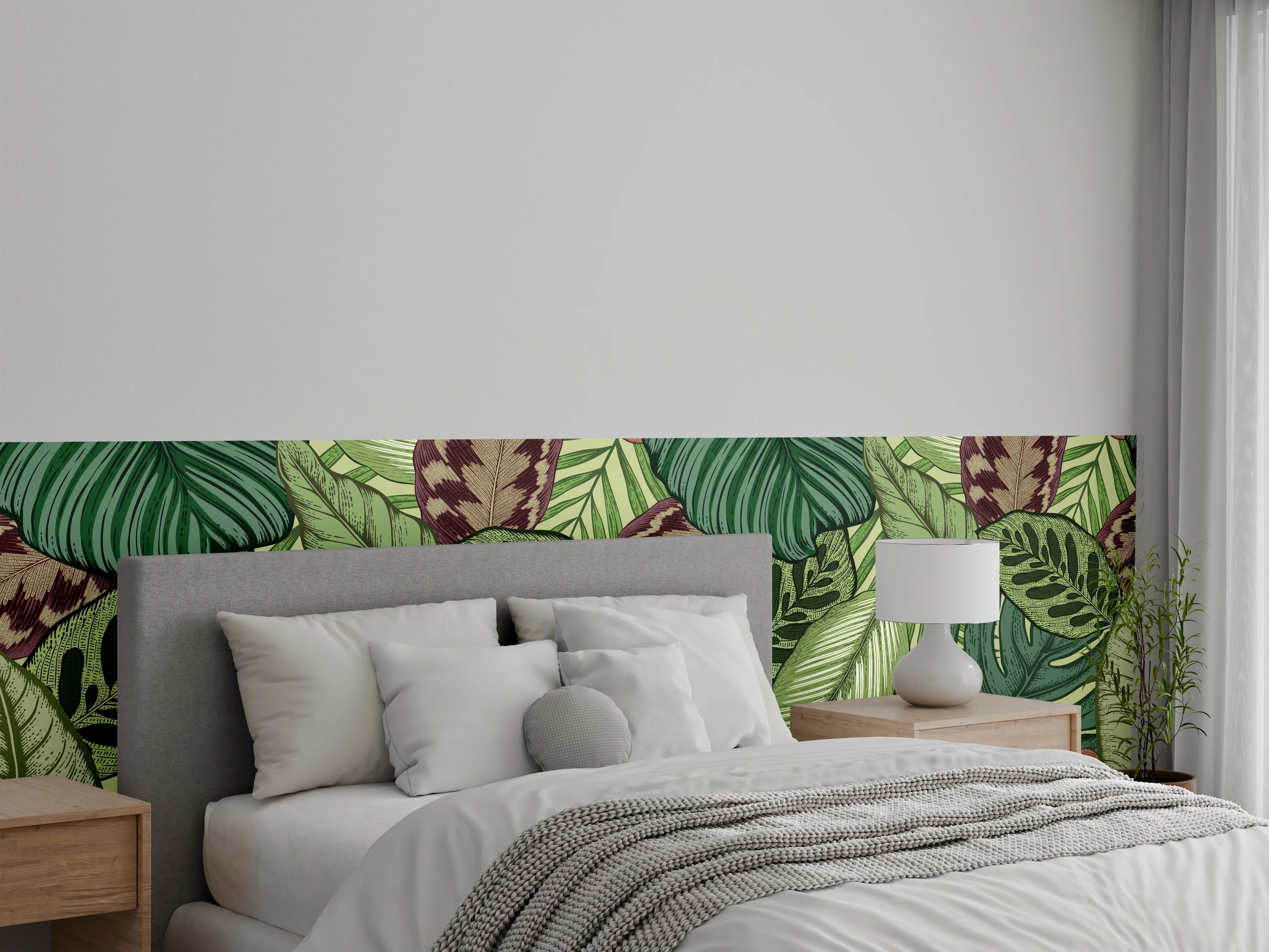 Wandverkleidung Schlafzimmer - Tropische Blätter Grün-Beige