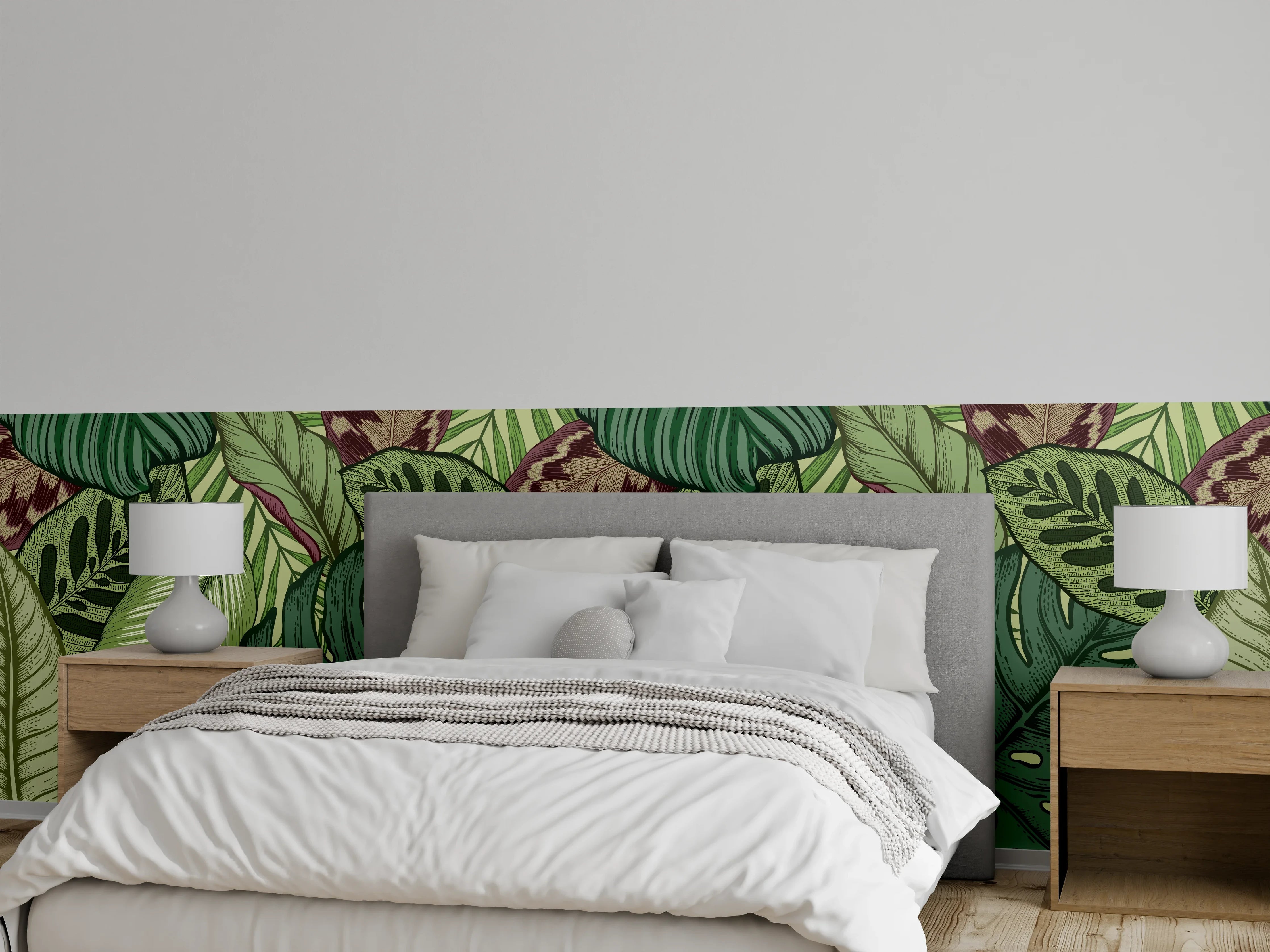 Wandverkleidung Schlafzimmer - Tropische Blätter Grün-Beige