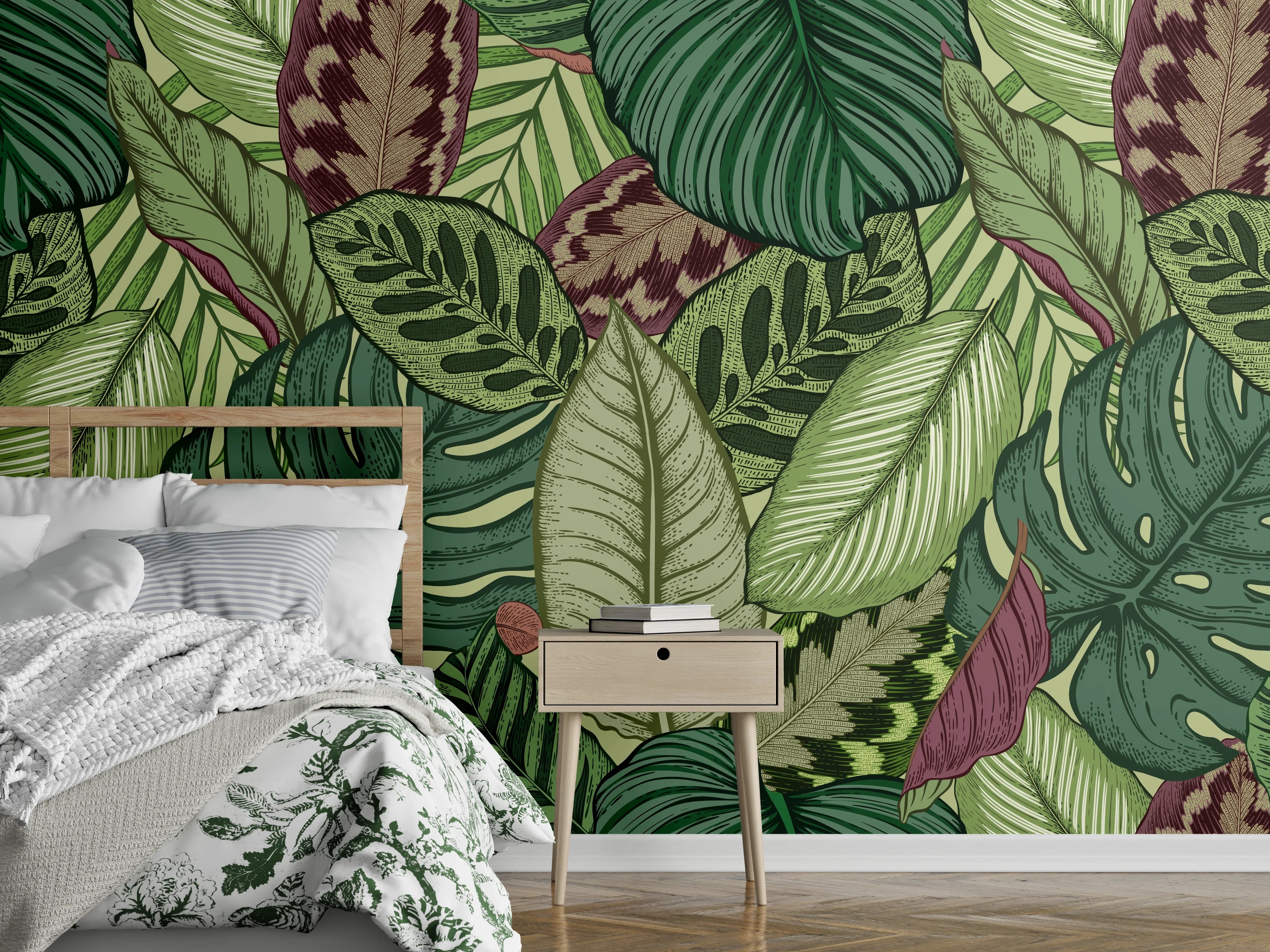 Wandverkleidung Schlafzimmer - Tropische Blätter Grün-Beige
