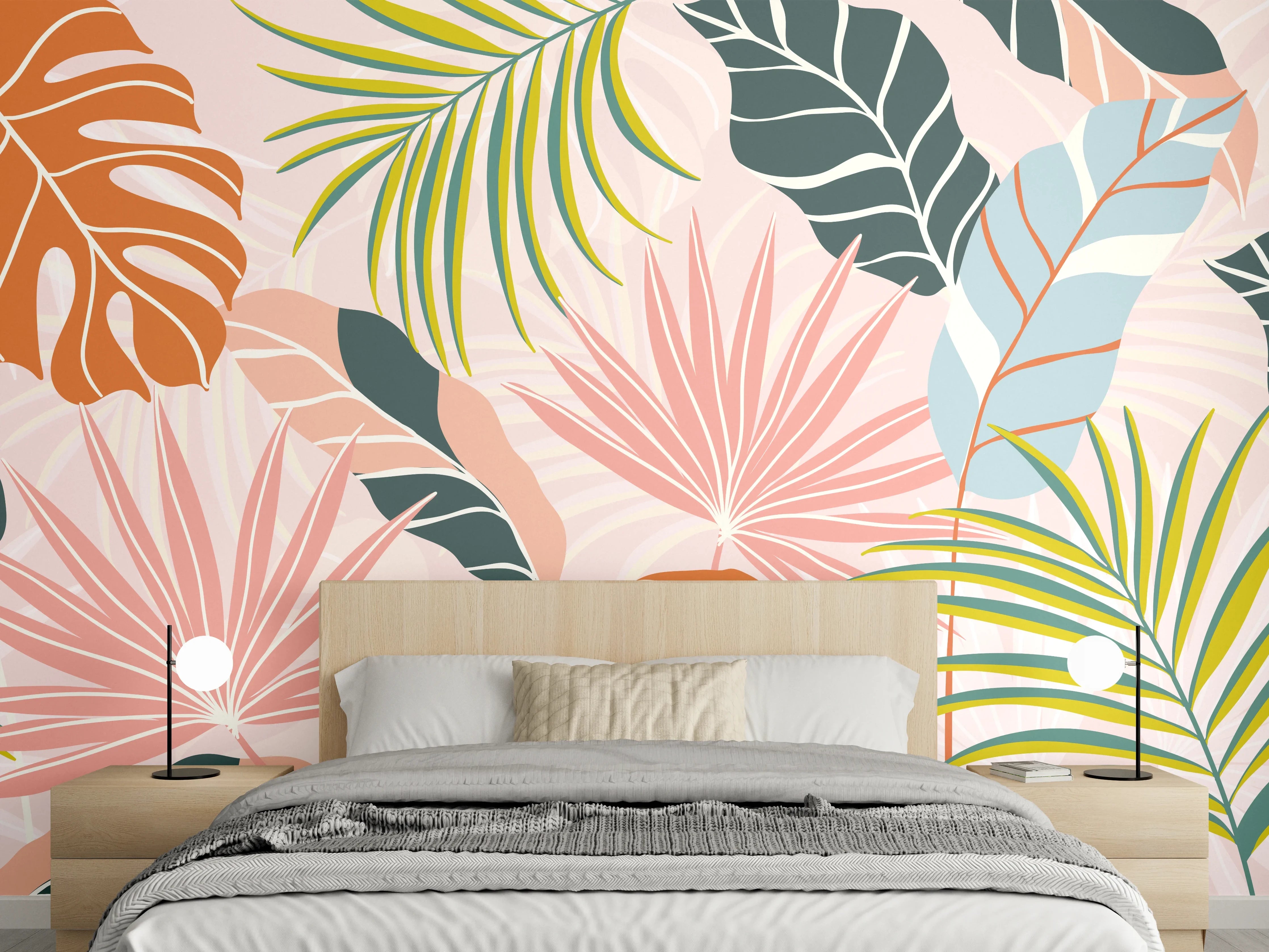 Wandverkleidung Schlafzimmer - Tropische Blätter Pastell Tapete
