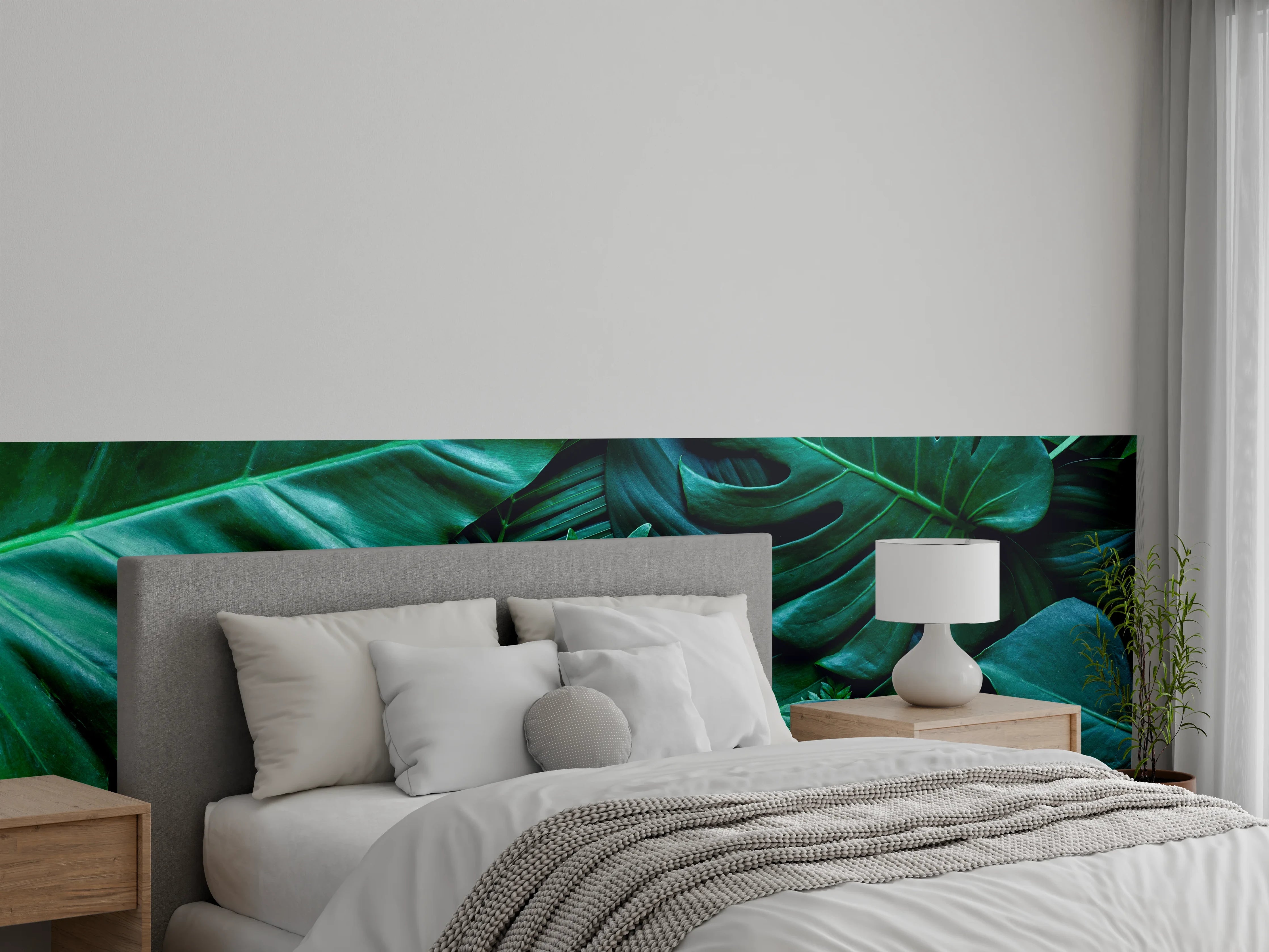 Wandverkleidung Schlafzimmer - Tropische Blätter grün Wanddeko