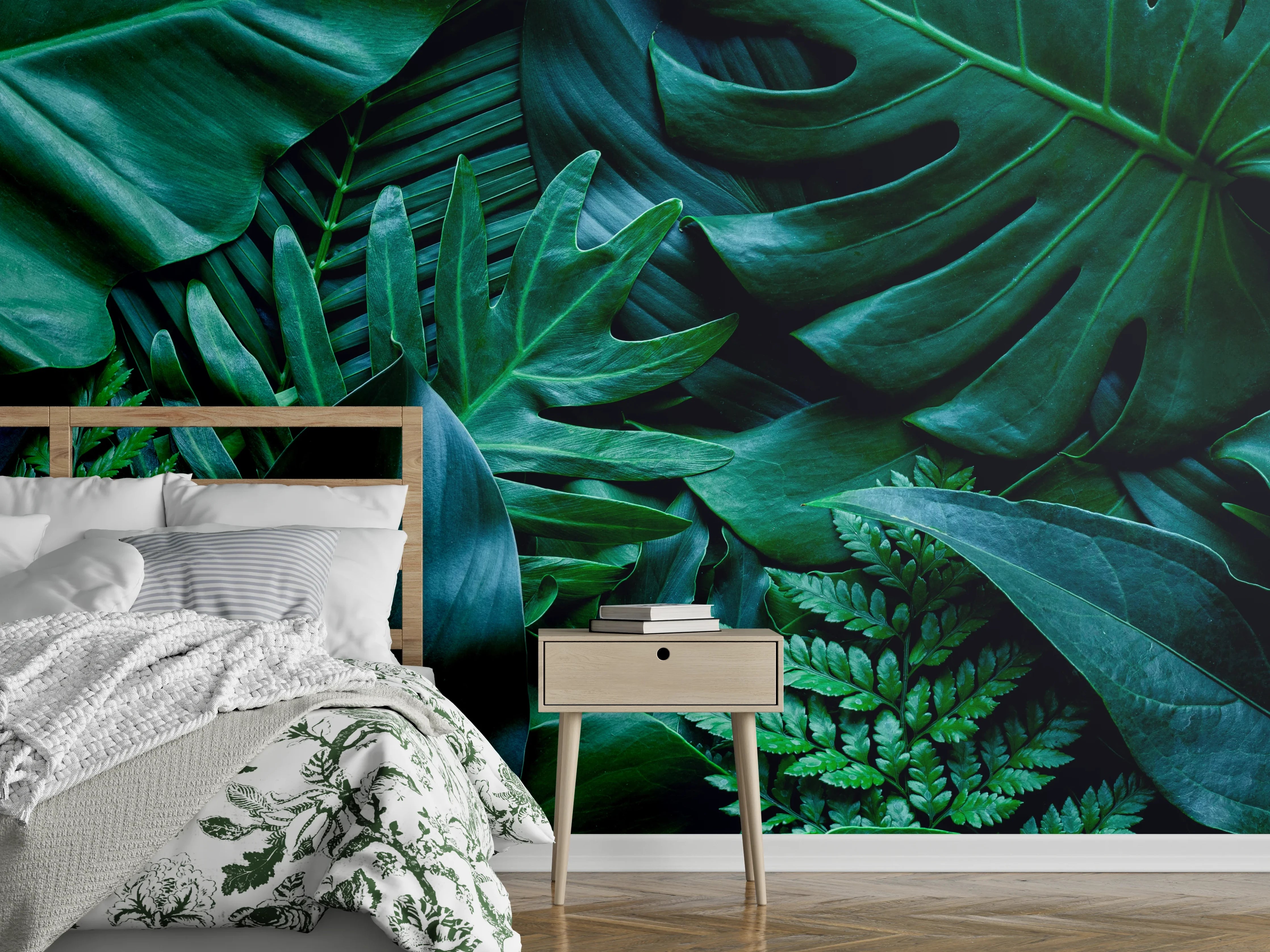 Wandverkleidung Schlafzimmer - Tropische Blätter grün Wanddeko