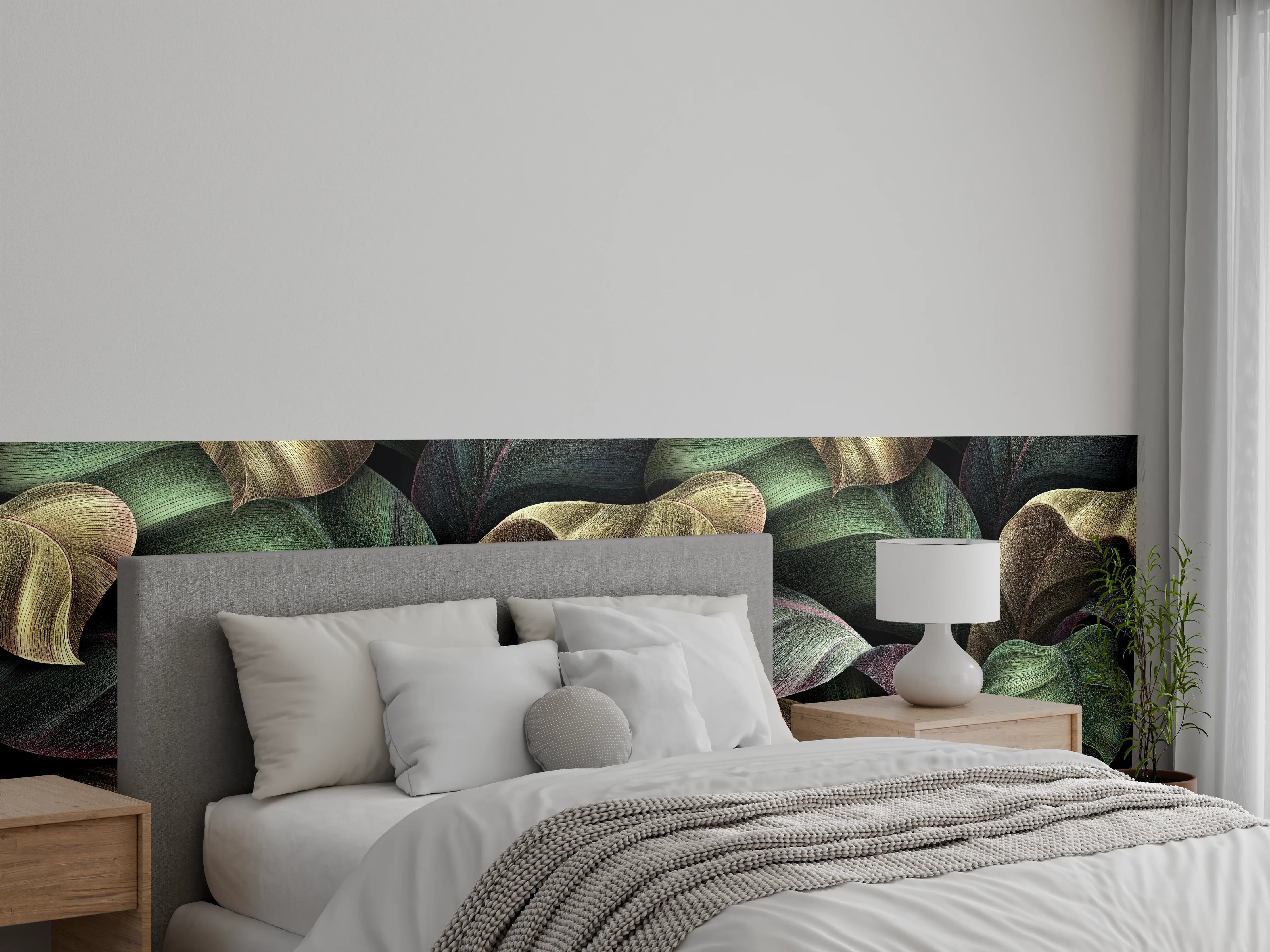 Wandverkleidung Schlafzimmer - Tropische Blätter in Gold - Malerei