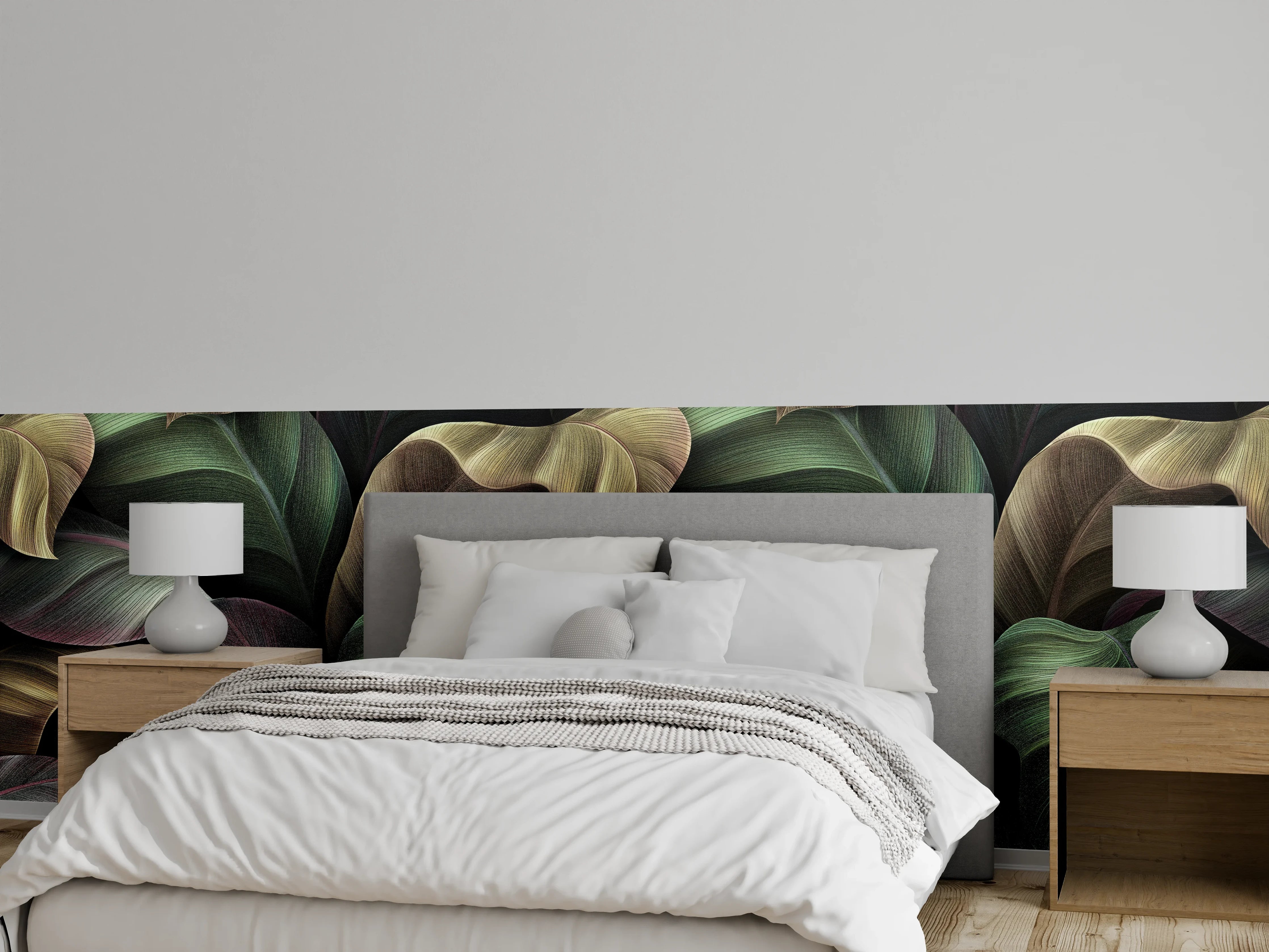 Wandverkleidung Schlafzimmer - Tropische Blätter in Gold - Malerei