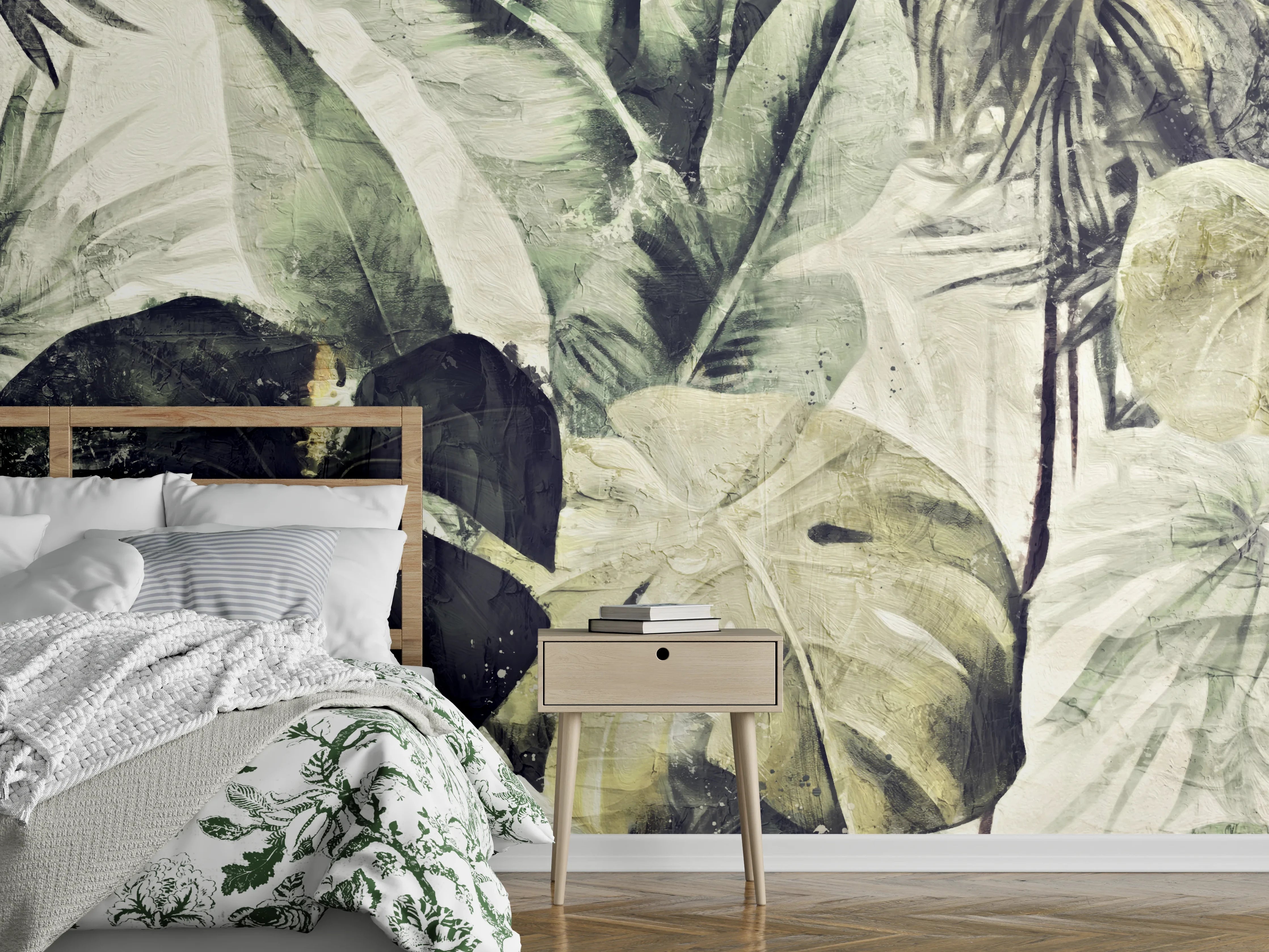 Wandverkleidung Schlafzimmer - Tropische Blätter in Grün und Grau