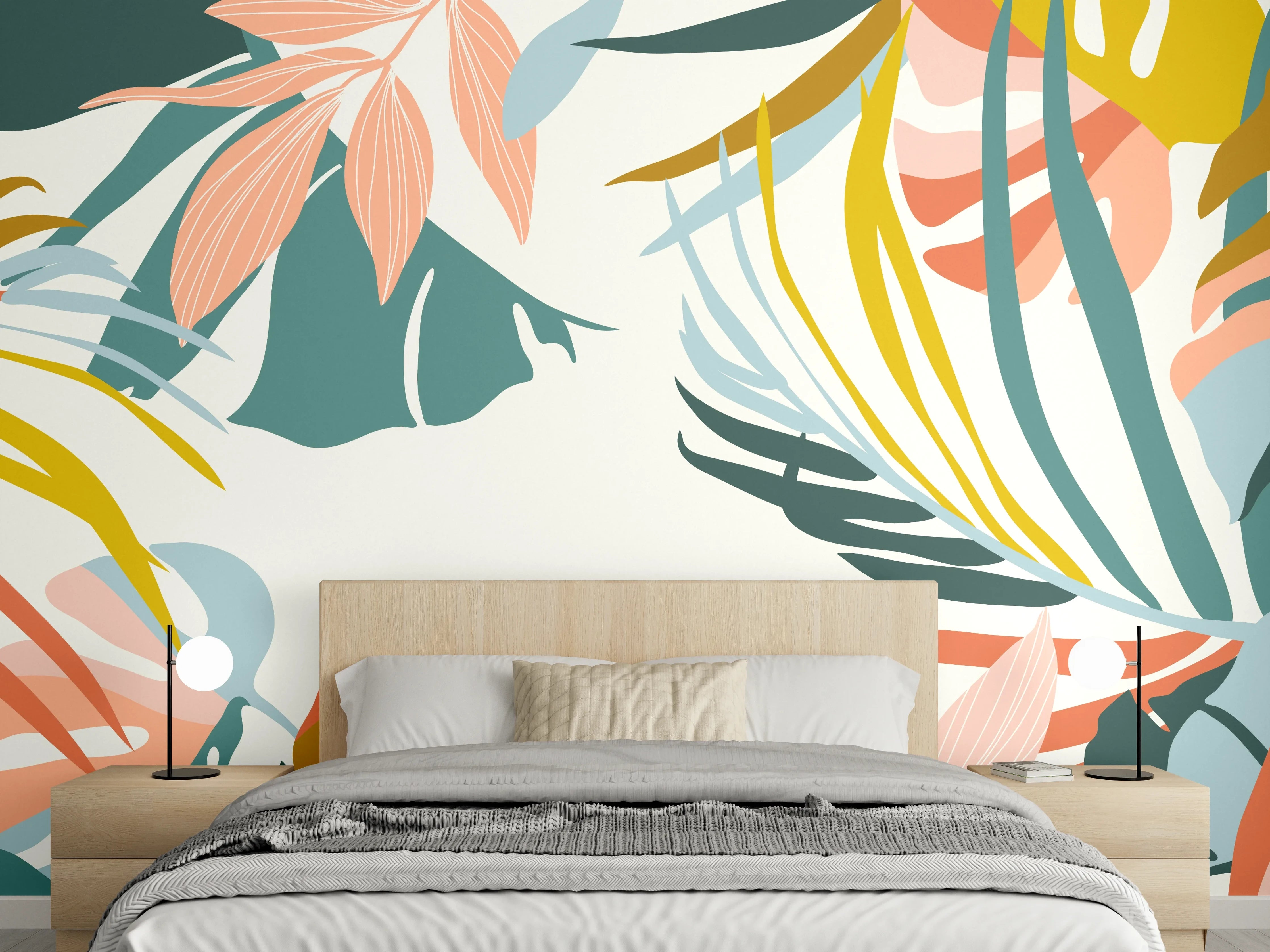 Wandverkleidung Schlafzimmer - Tropische Blatt Illustration Pastell