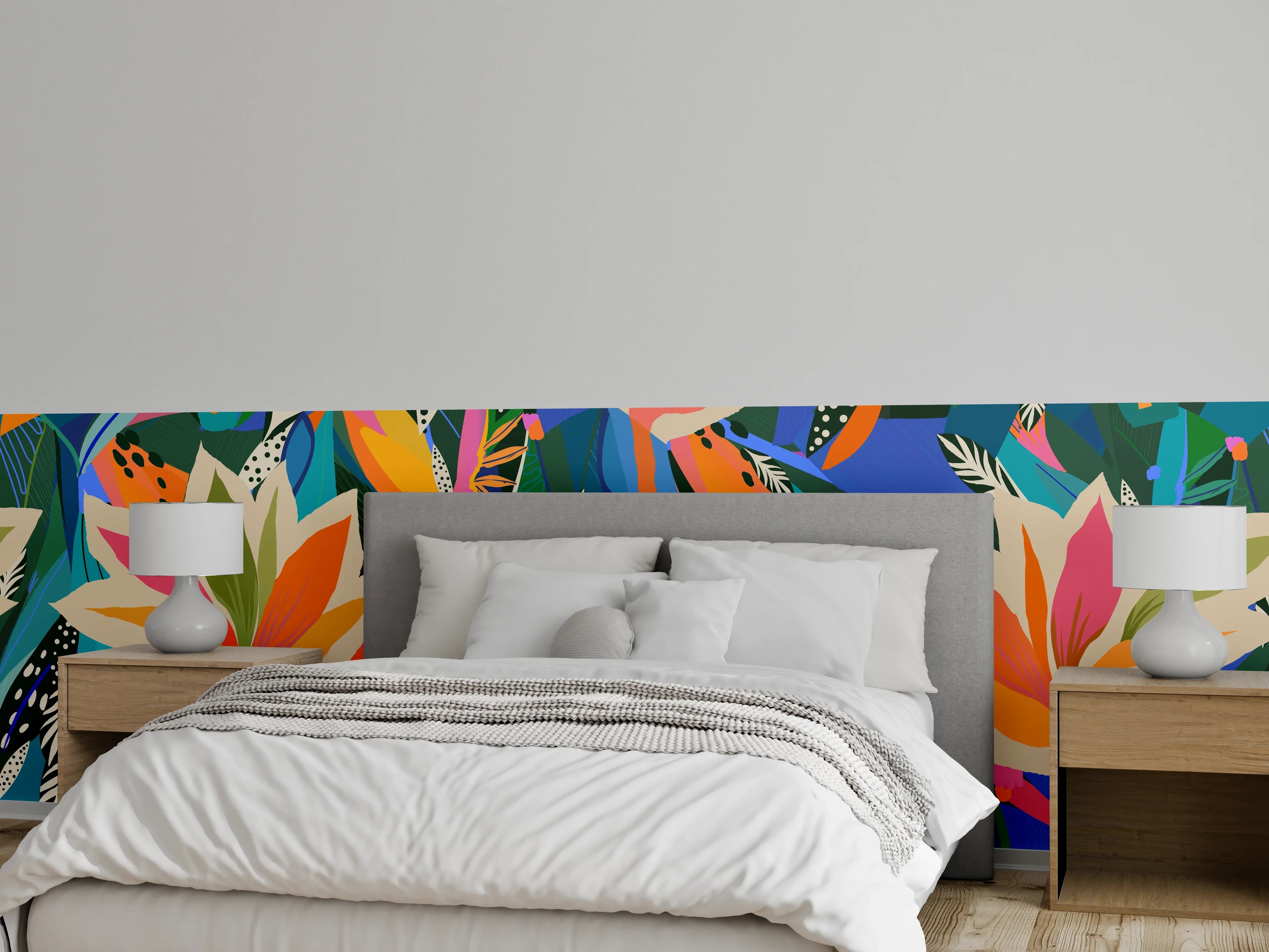 Wandverkleidung Schlafzimmer - Tropische Blüten Blau-Orange-Grün
