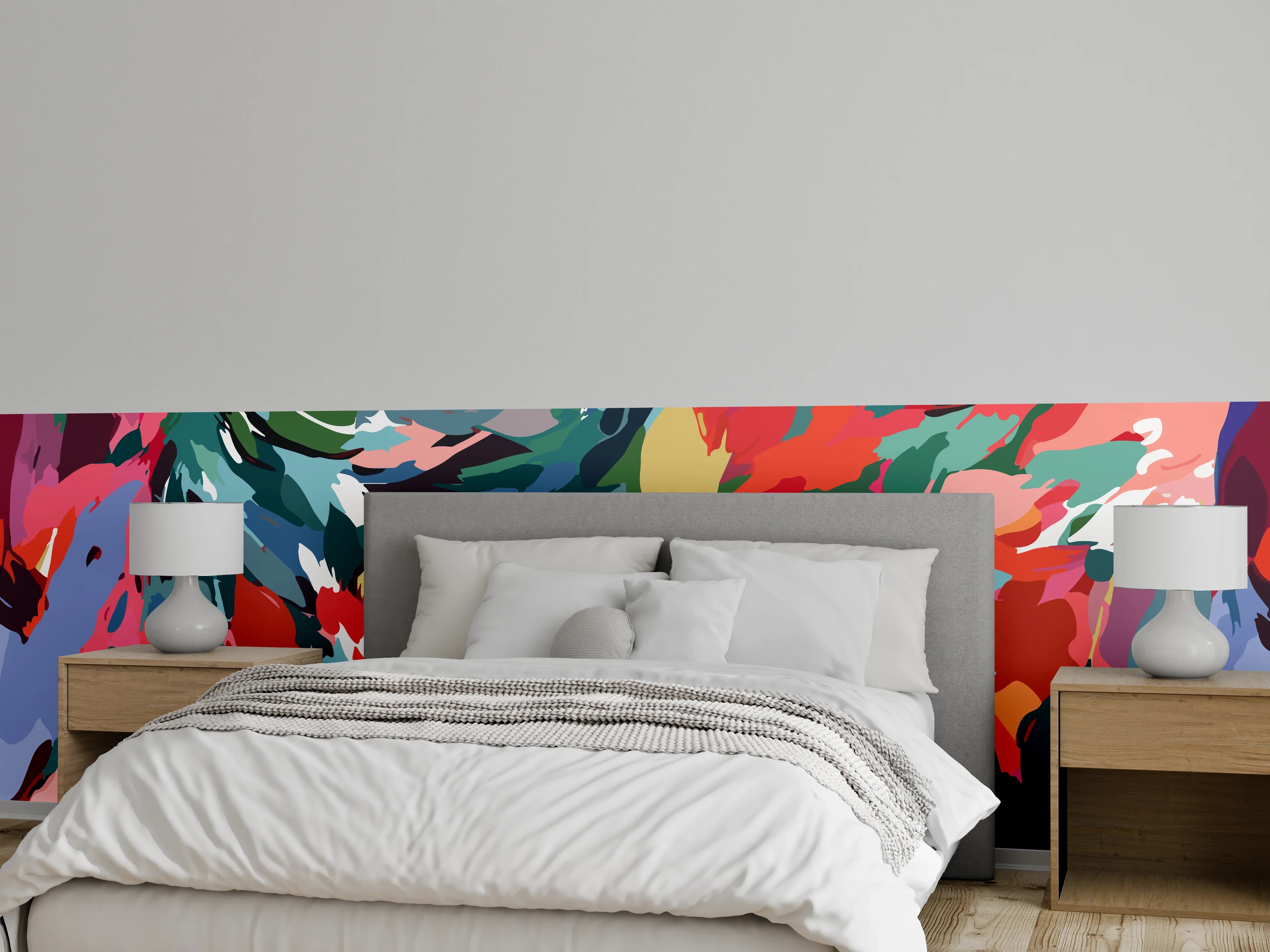 Wandverkleidung Schlafzimmer - Tropische Blüten-Explosion Türkis-Rot