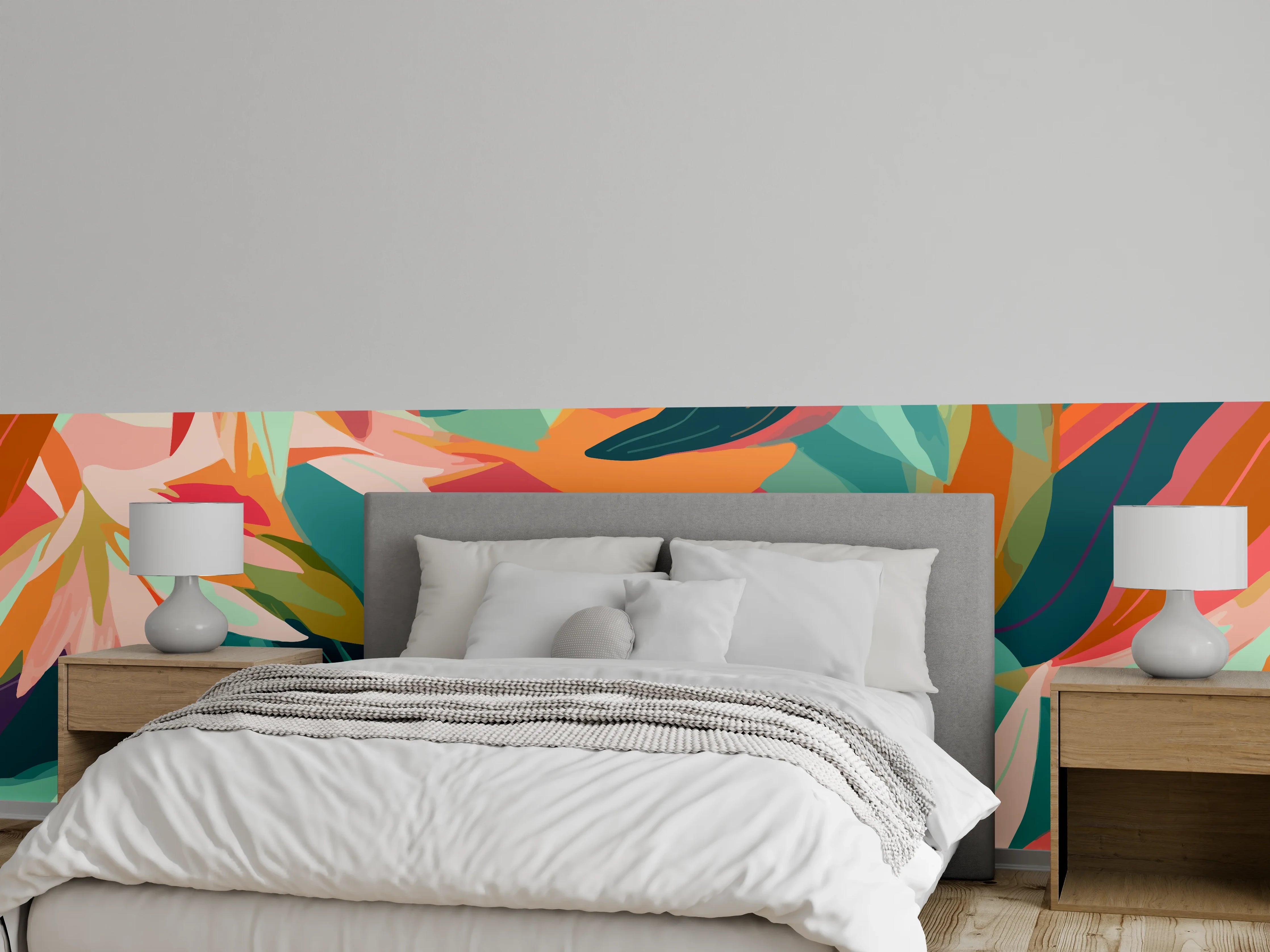 Wandverkleidung Schlafzimmer - Tropische Blüten Türkis Koralle