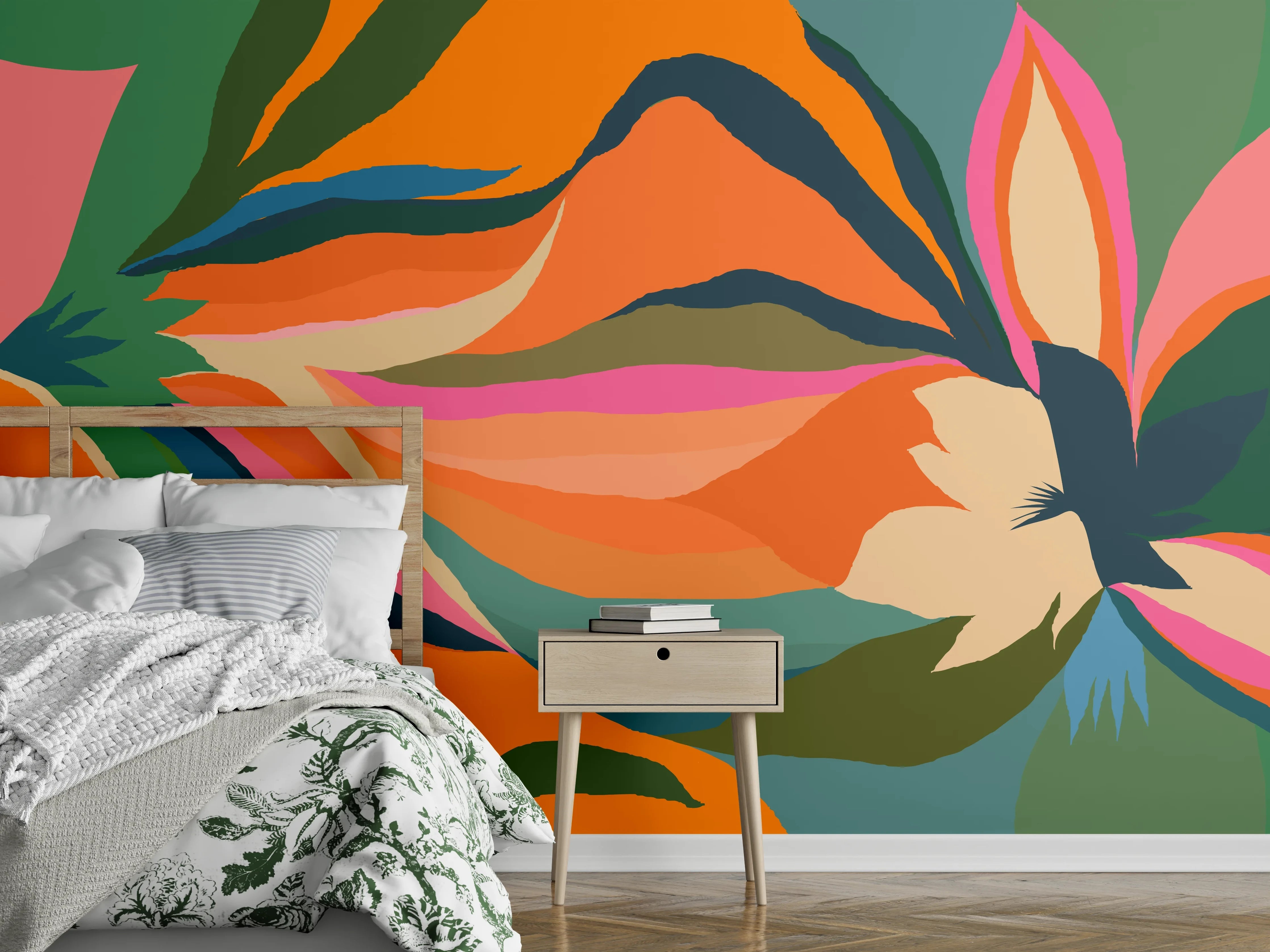 Wandverkleidung Schlafzimmer - Tropische Blüten in Orange
