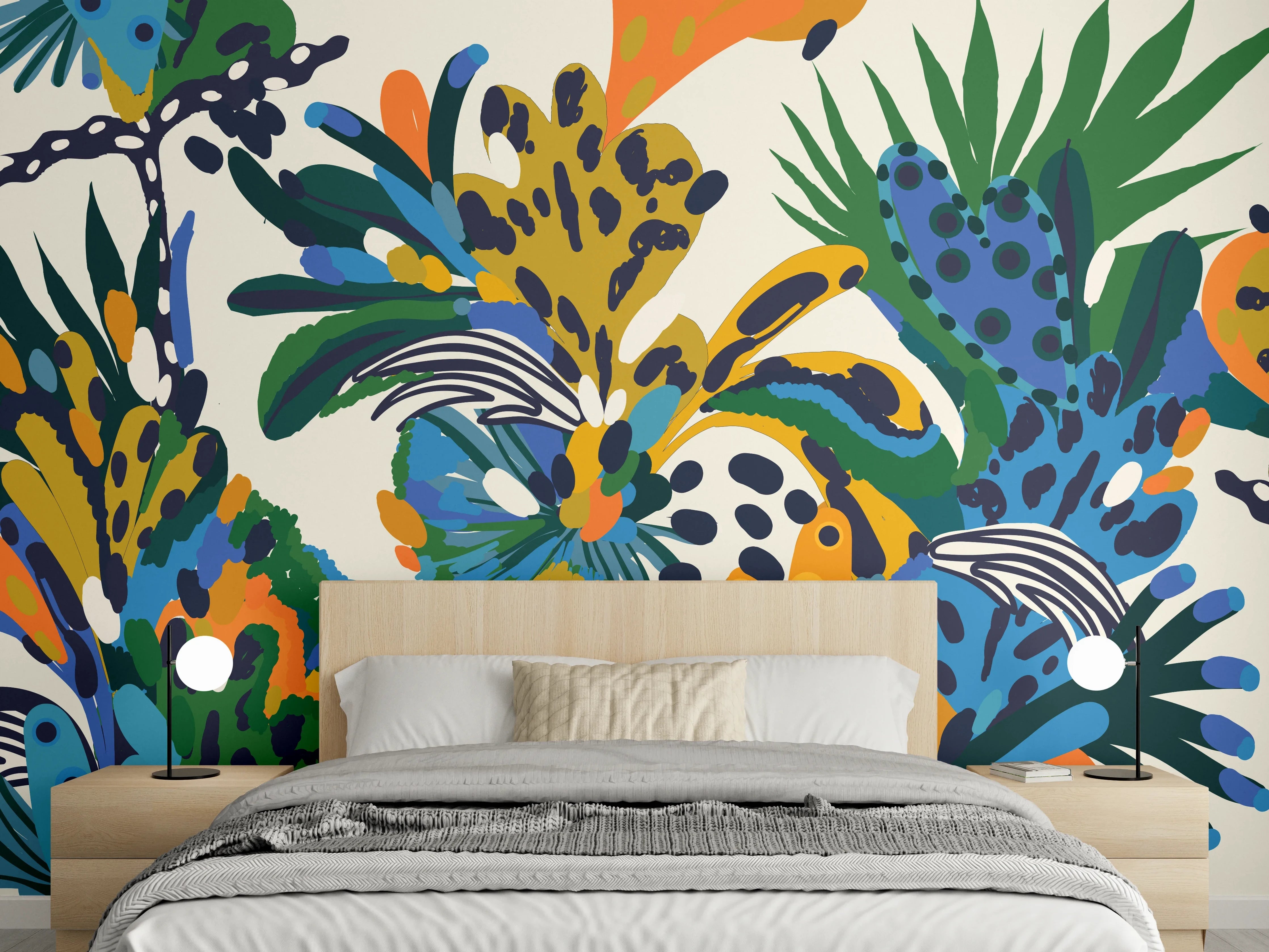 Wandverkleidung Schlafzimmer - Tropische Blumen Blau Grün Orange
