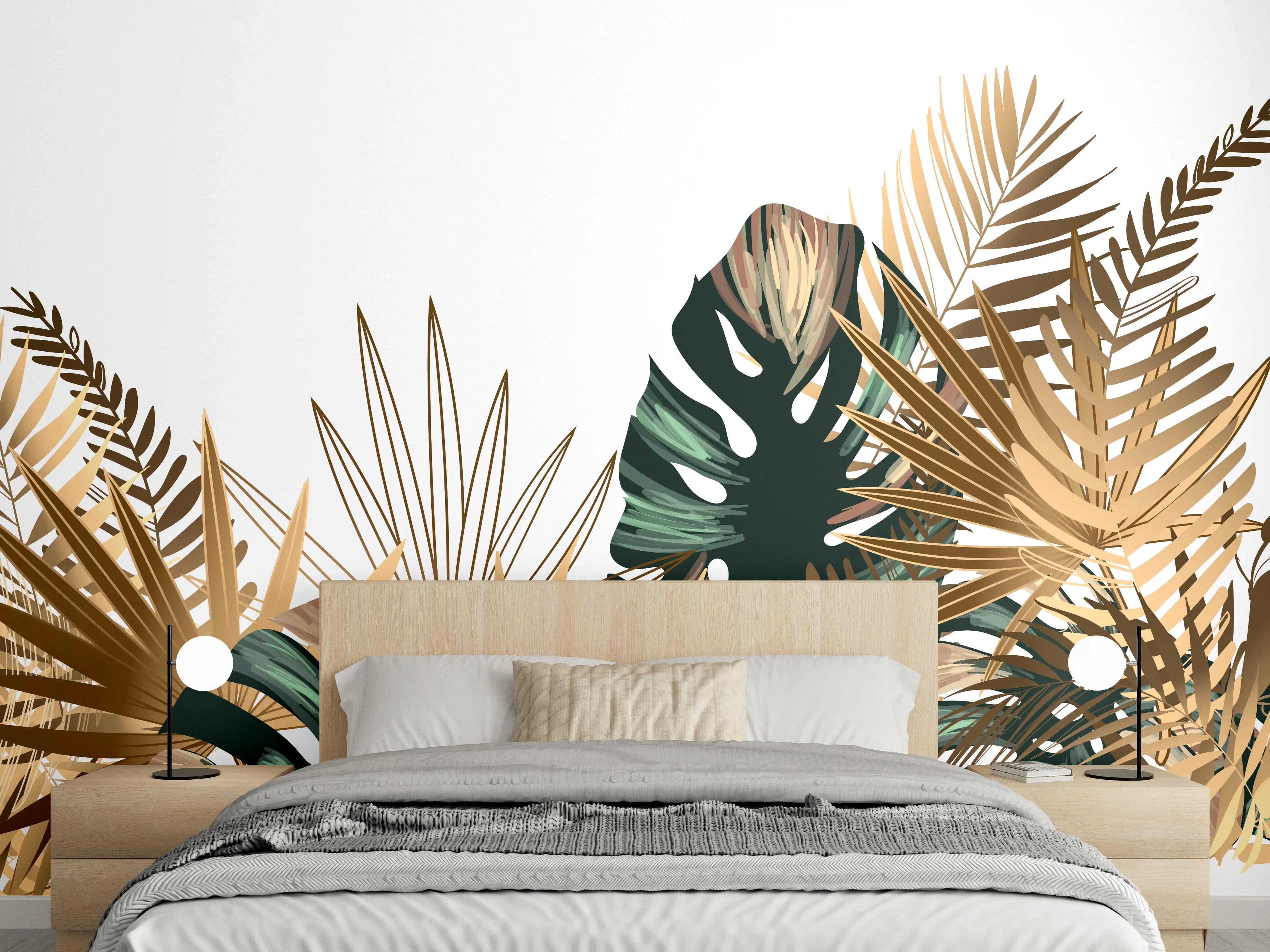 Wandverkleidung Schlafzimmer - Tropische Gold-Palmen Dekor