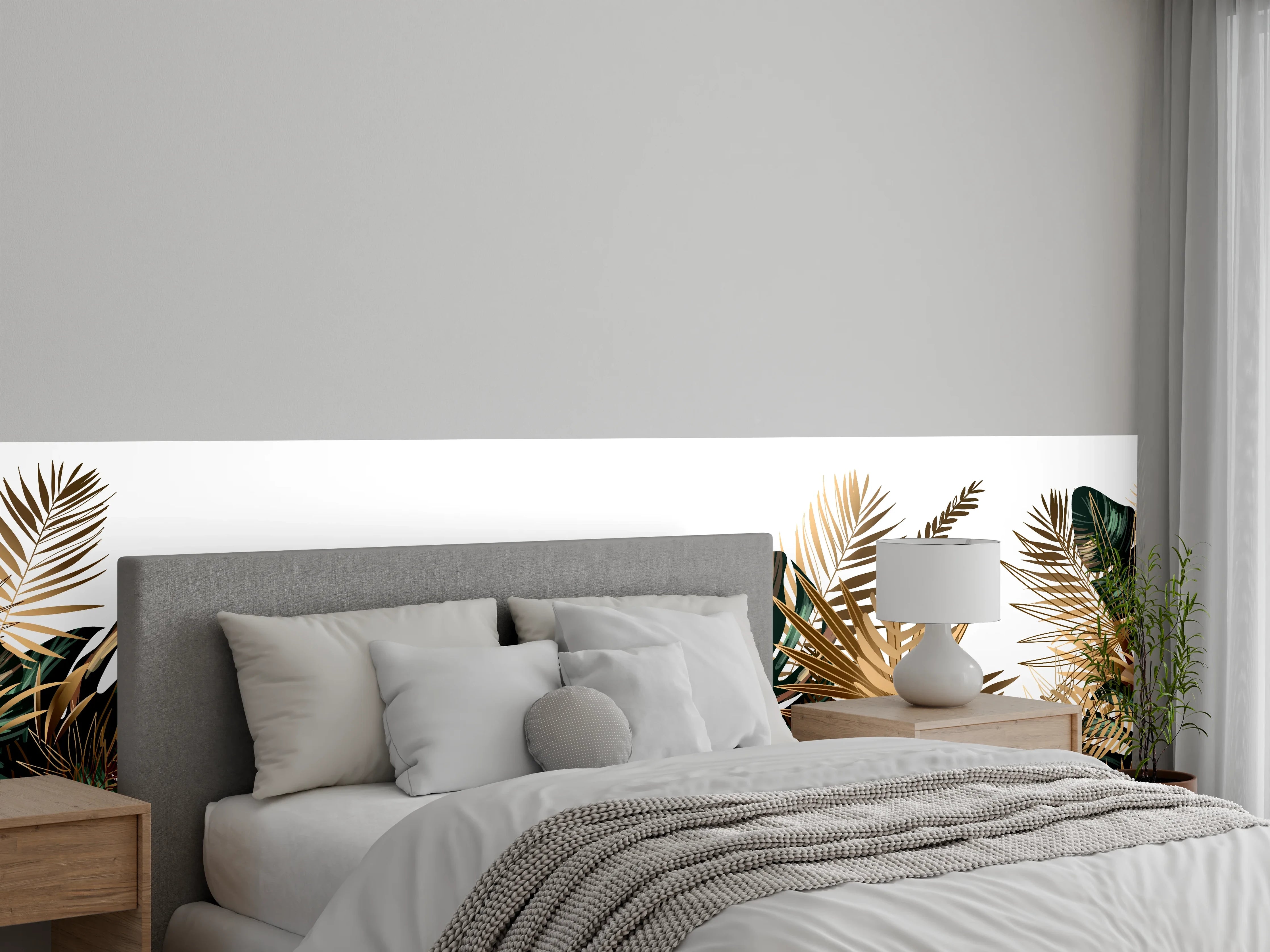 Wandverkleidung Schlafzimmer - Tropische Gold-Palmen Dekor