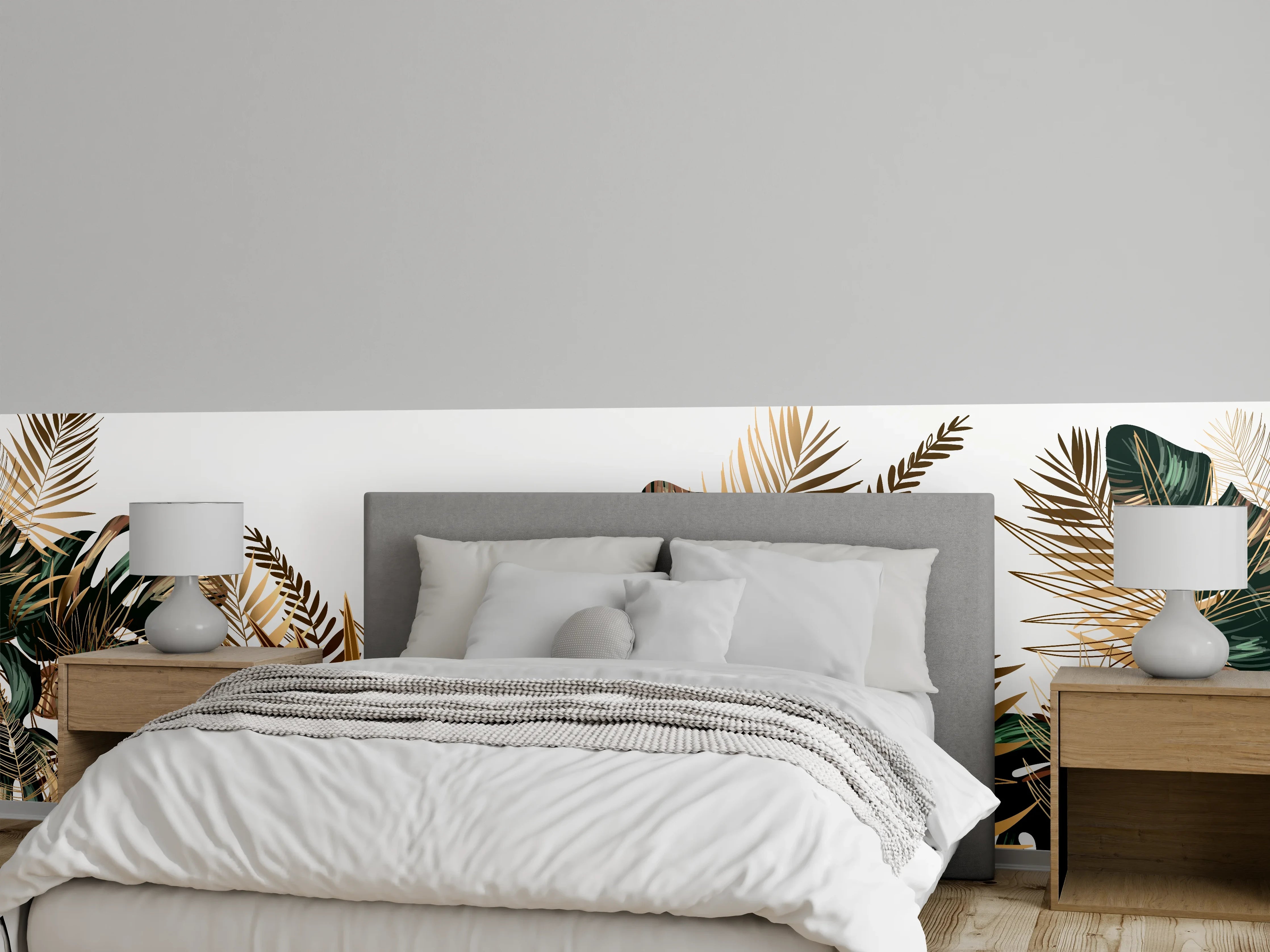Wandverkleidung Schlafzimmer - Tropische Gold-Palmen Dekor