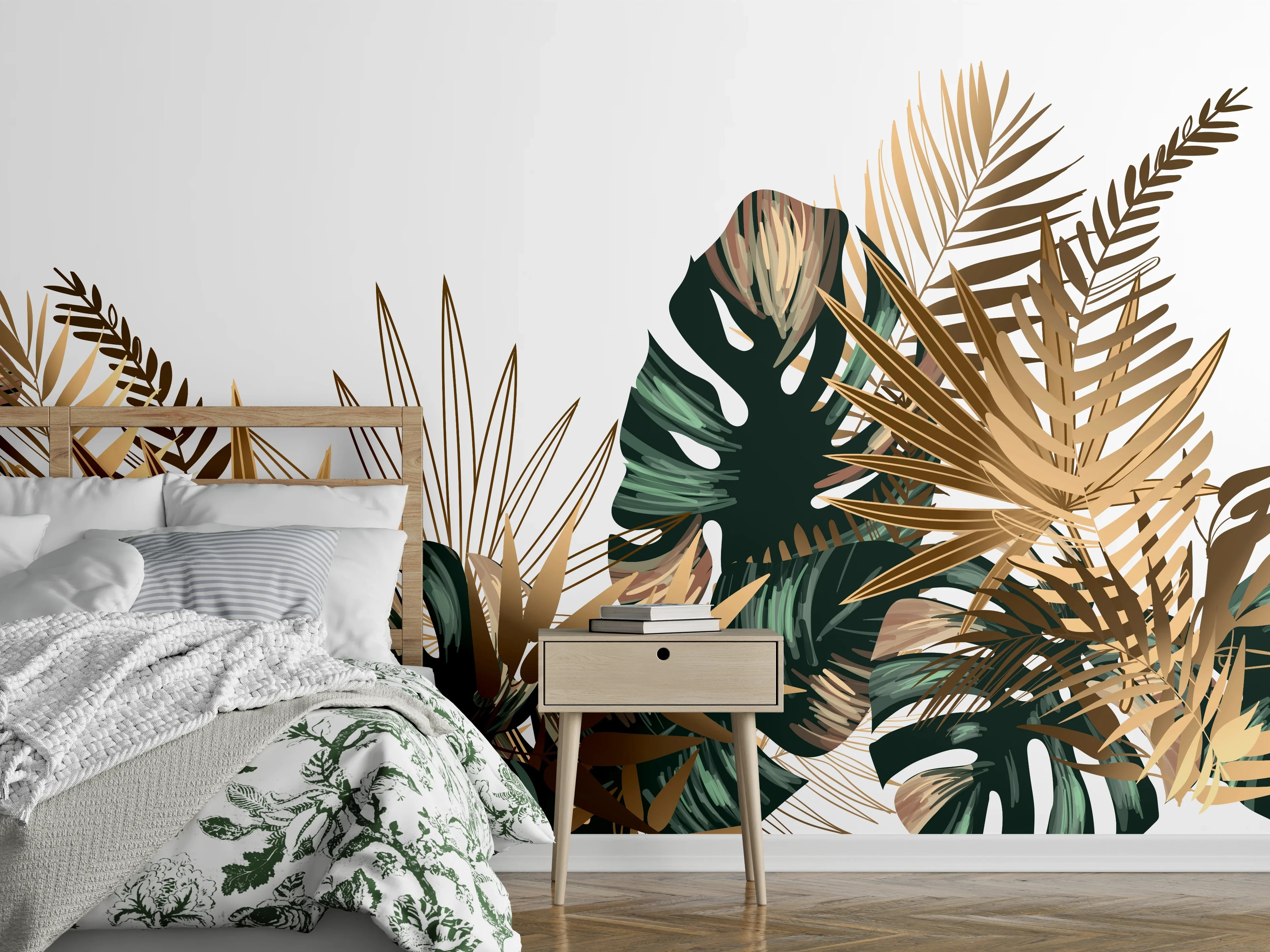 Wandverkleidung Schlafzimmer - Tropische Gold-Palmen Dekor