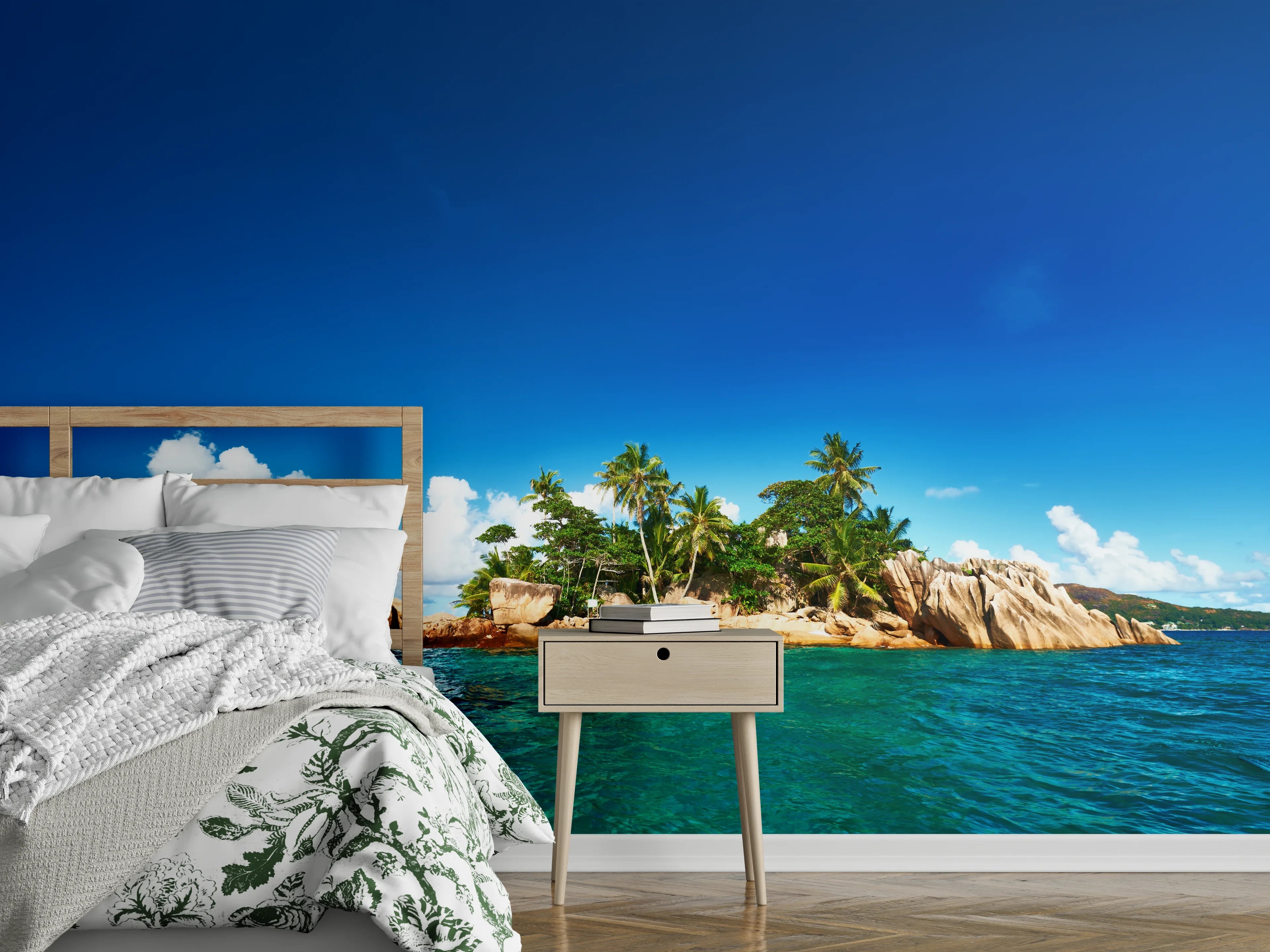 Wandverkleidung Schlafzimmer - Tropische Insel – Palmen und türkisblaues Meer