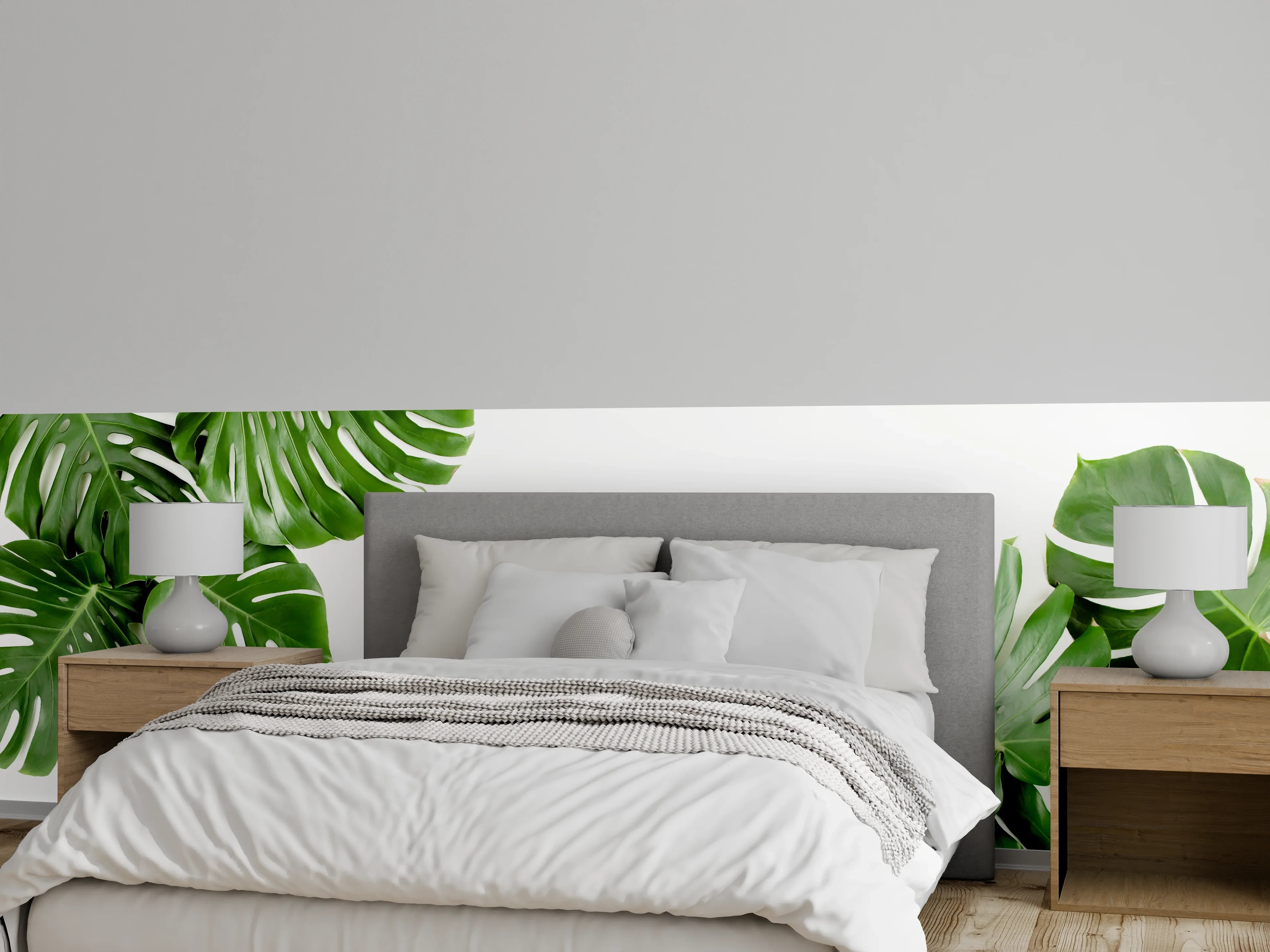 Wandverkleidung Schlafzimmer - Tropische Palmenblätter auf weißem Hintergrund