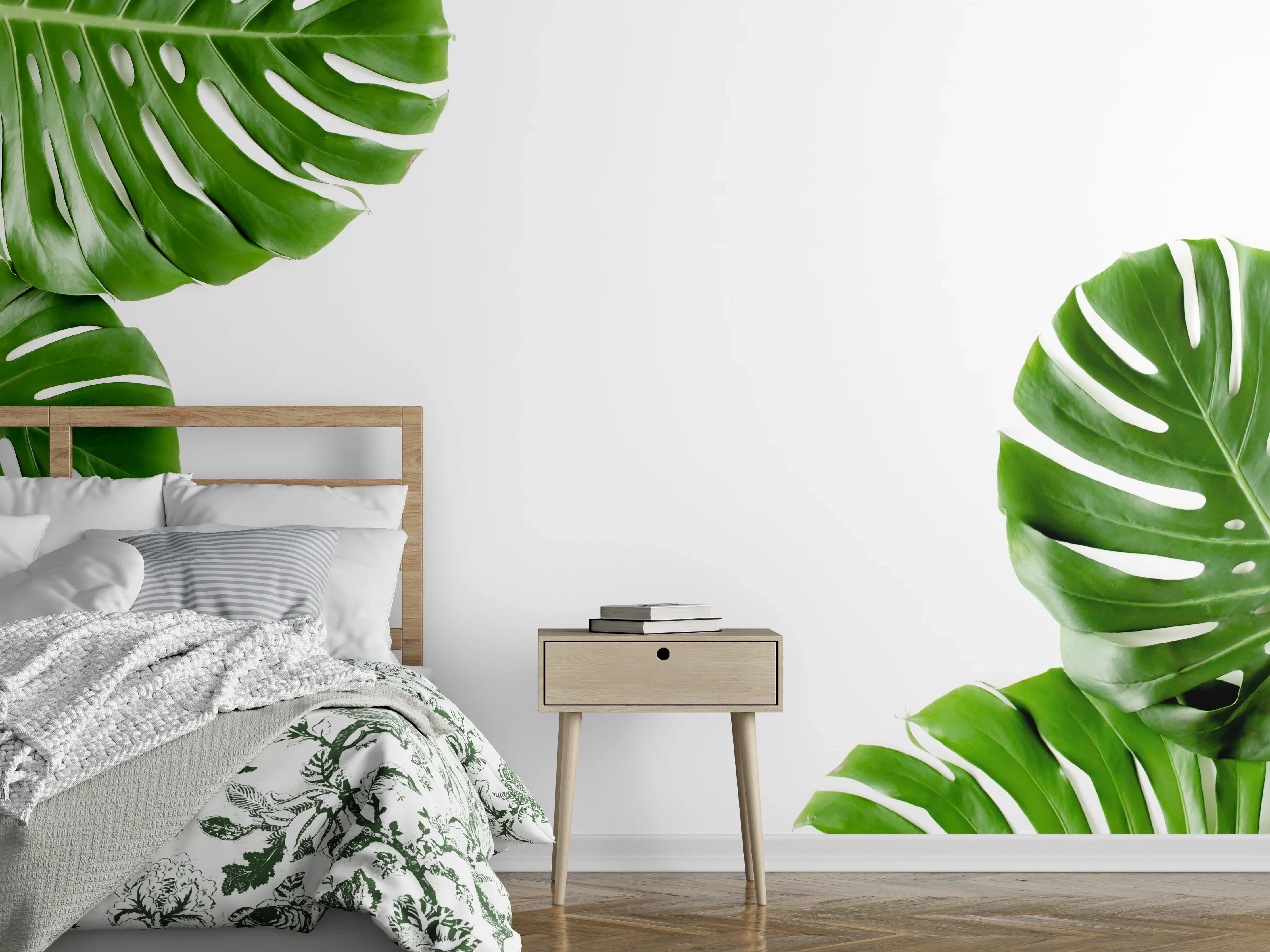 Wandverkleidung Schlafzimmer - Tropische Palmenblätter auf weißem Hintergrund