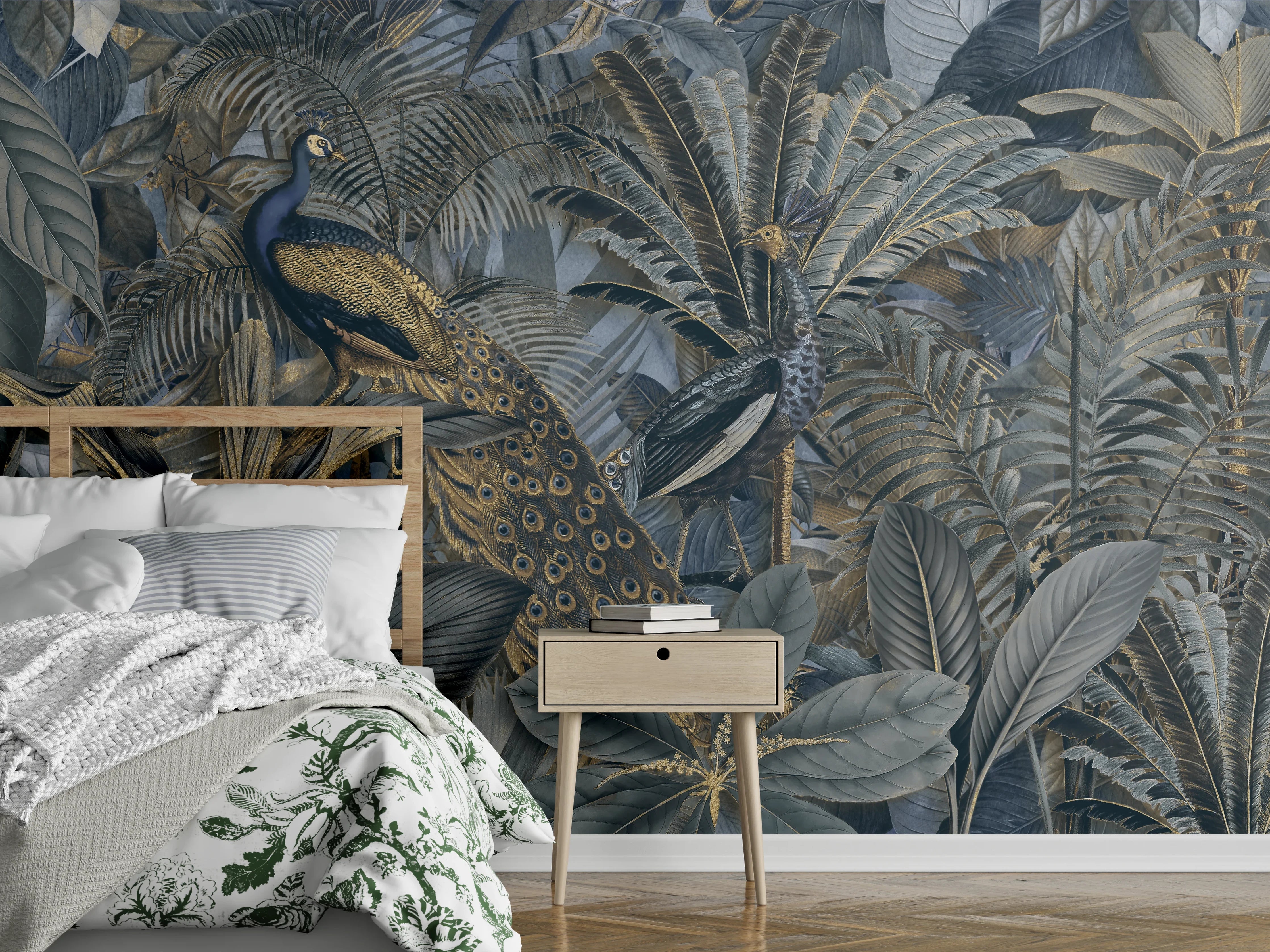 Wandverkleidung Schlafzimmer - Tropischer Garten - Pfau